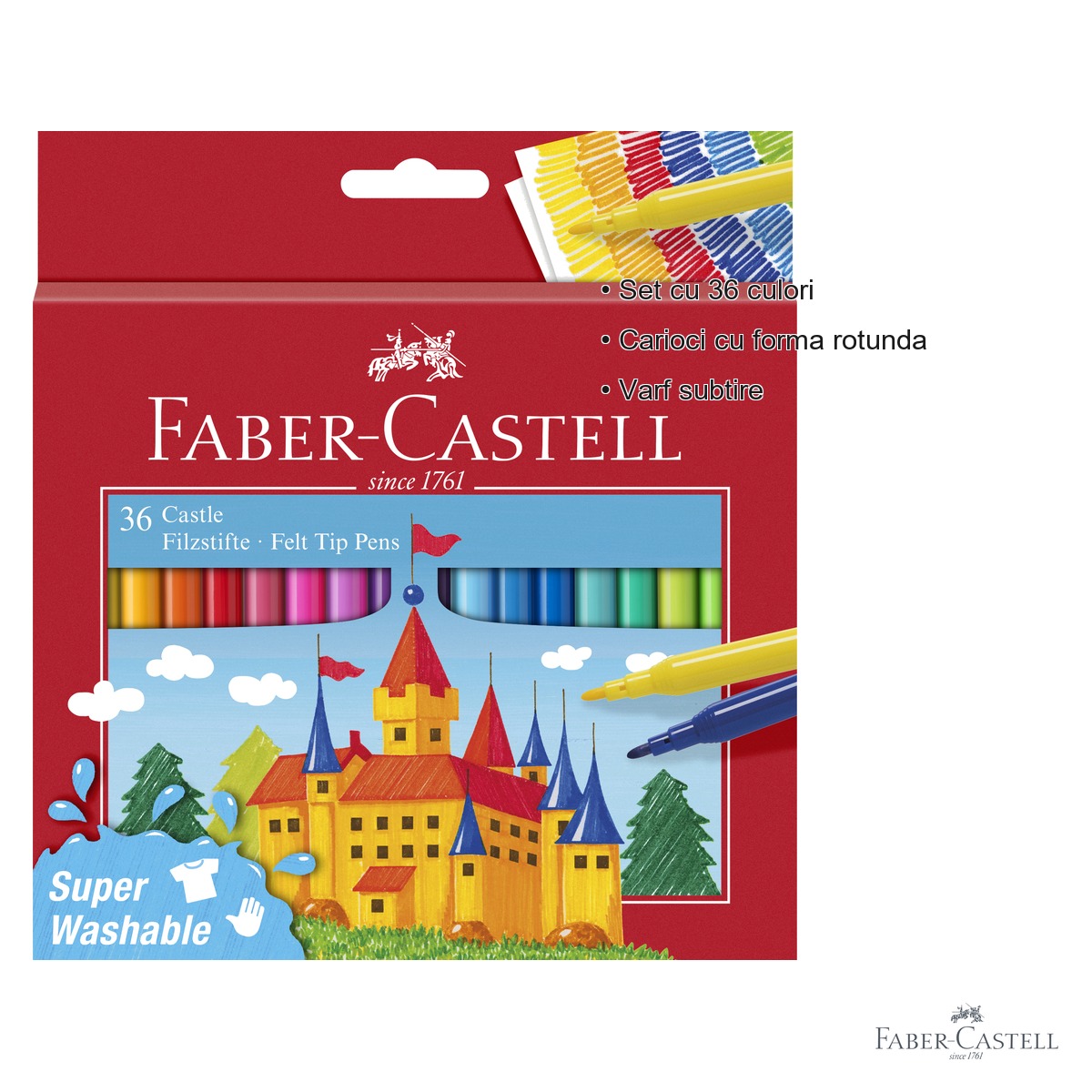 Set 36 carioci Faber-Castell, varf subtire, cerneala pe baza de apa, pentru copii si scoala [2]