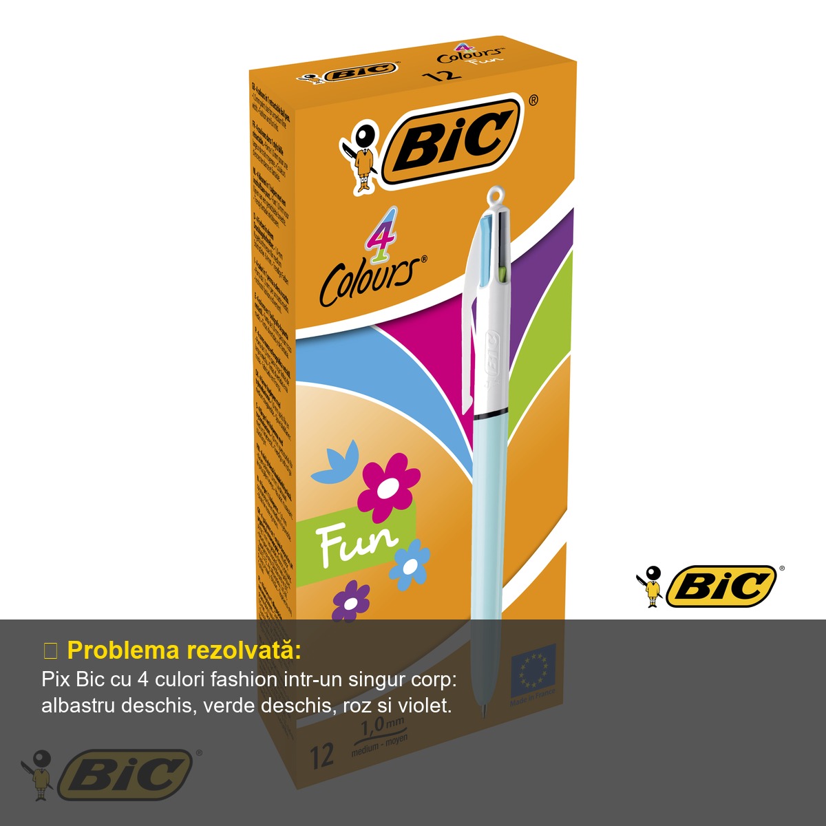 Pix cu mecanism 4 culori fashion Bic, varf 1.0 mm, cerneala cu uscare rapida, pentru birou si scoala [3]