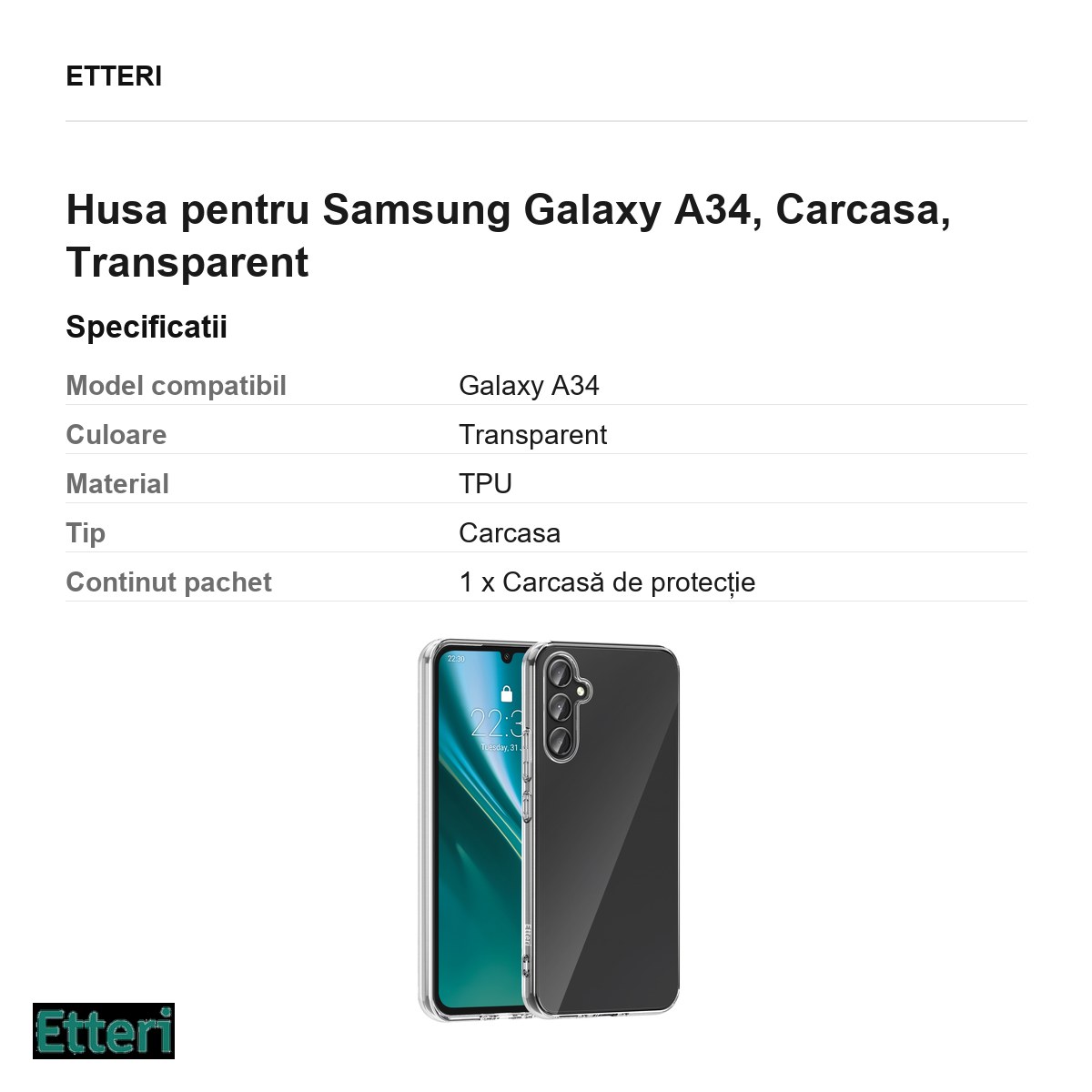 Husa Etteri Clear pentru Samsung Galaxy A34, Carcasa, Transparent [2]