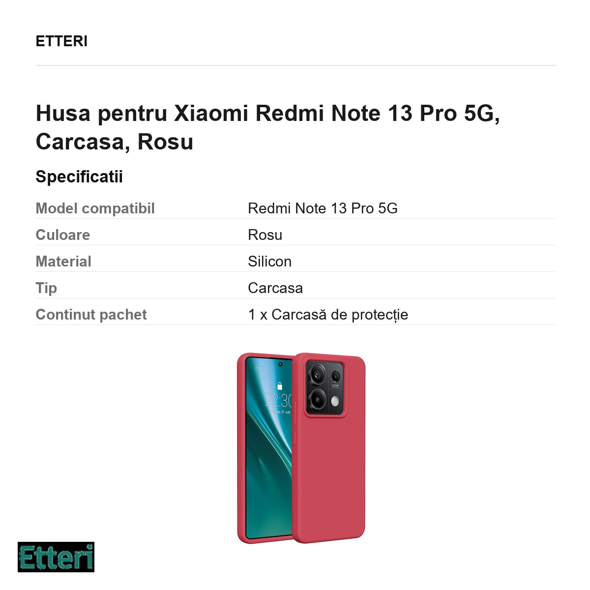 Husa Etteri Silicone raspberry pentru Xiaomi Redmi Note 13 Pro 5G, Carcasa, Rosu [2]