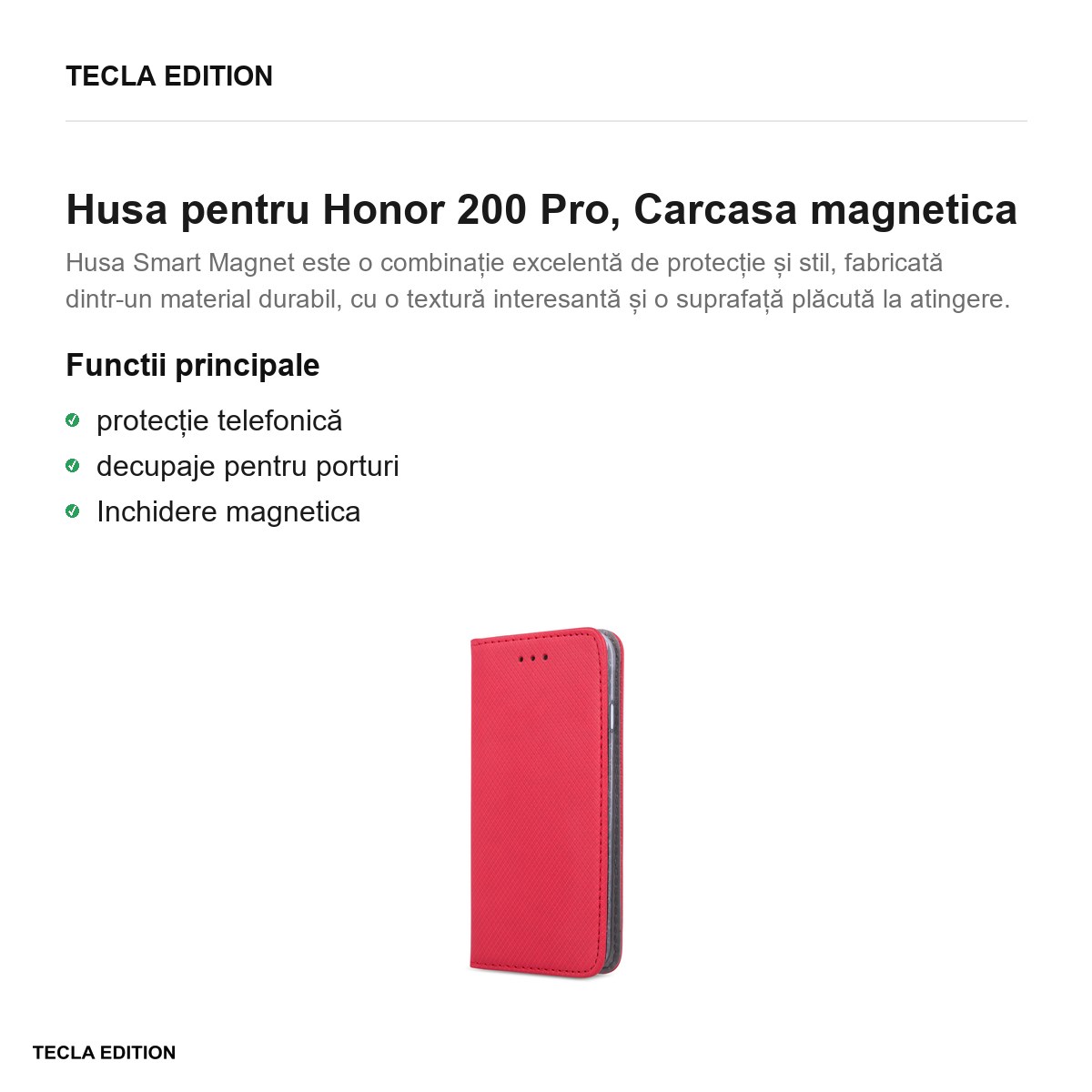 Husa Smart Magnet pentru Honor 200 Pro, tip carte cu inchidere magnetica, Rosu [1]
