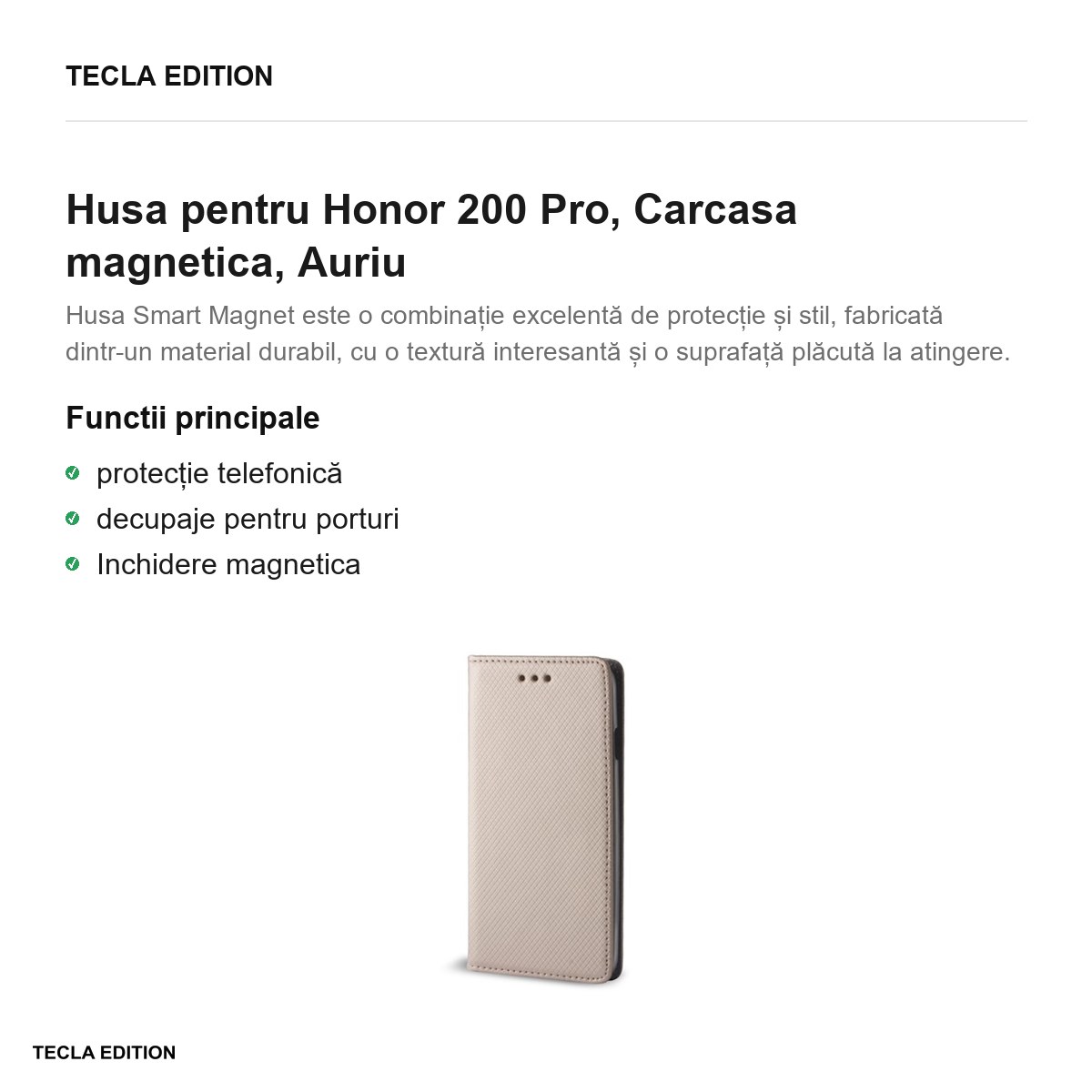 Husa Smart Magnet pentru Honor 200 Pro, tip carte cu inchidere magnetica, Auriu [1]