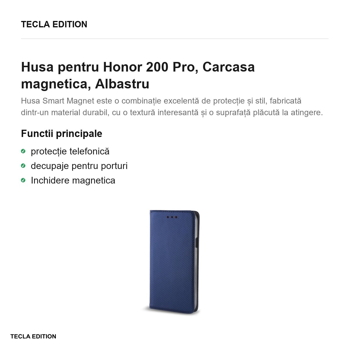Husa Smart Magnet pentru Honor 200 Pro, tip carte cu inchidere magnetica, Albastru [1]