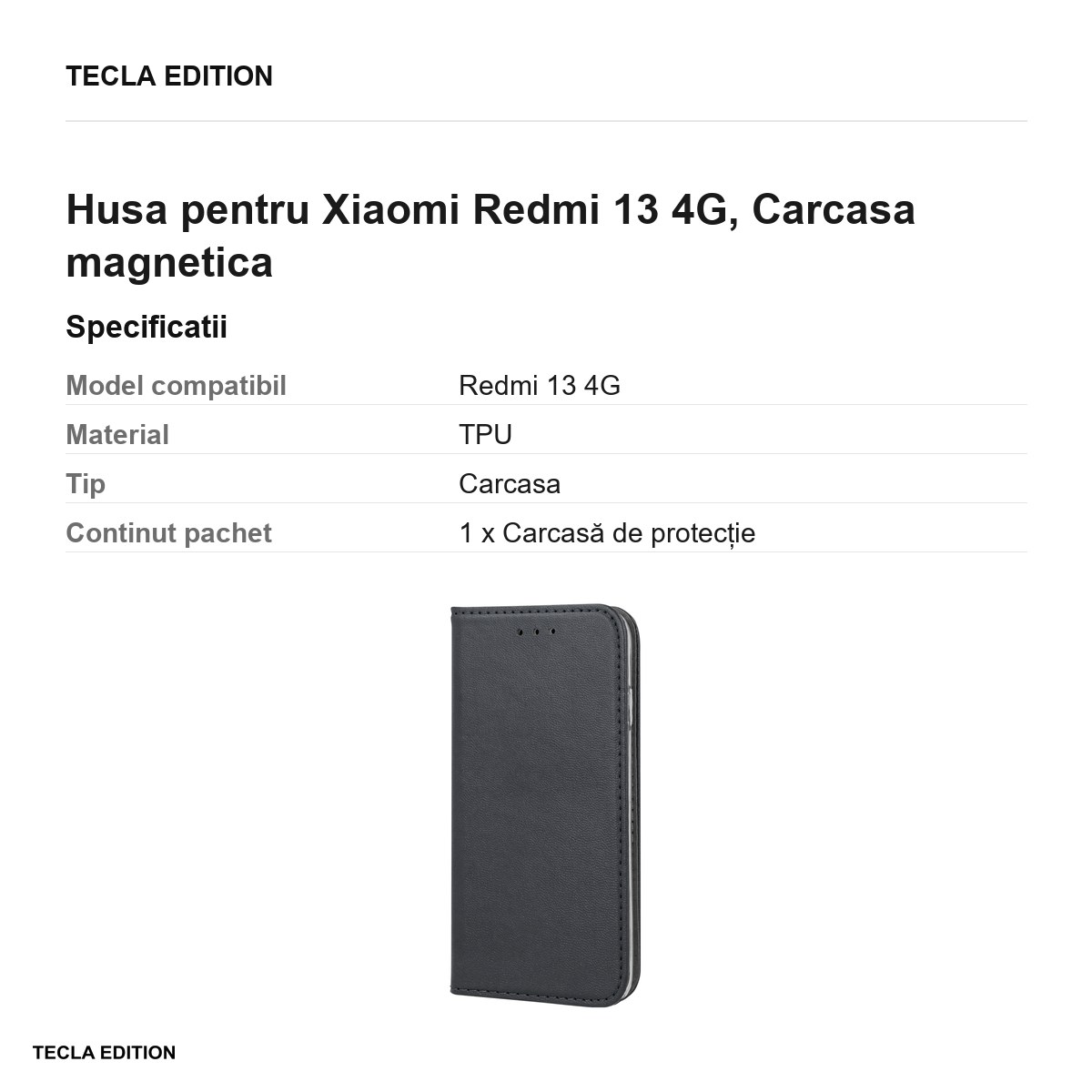 Husa Smart Magnetic pentru Xiaomi Redmi 13 4G, tip carte cu inchidere magnetica, Negru [2]