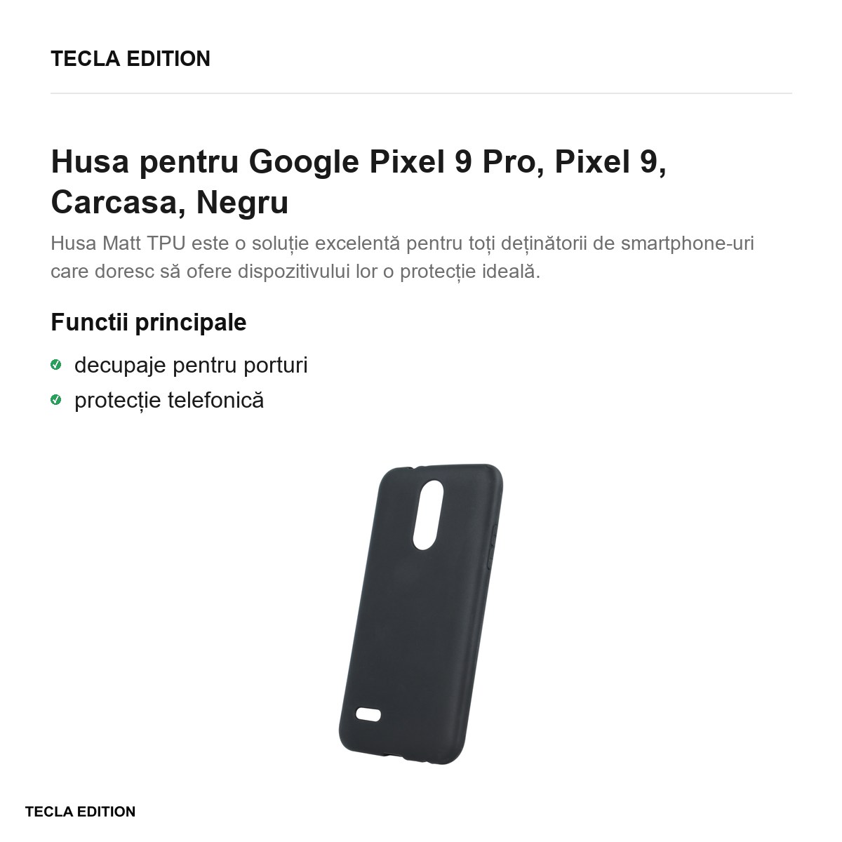 Husa Matt TPU pentru Google Pixel 9 Pro, Pixel 9, Carcasa, Negru [1]