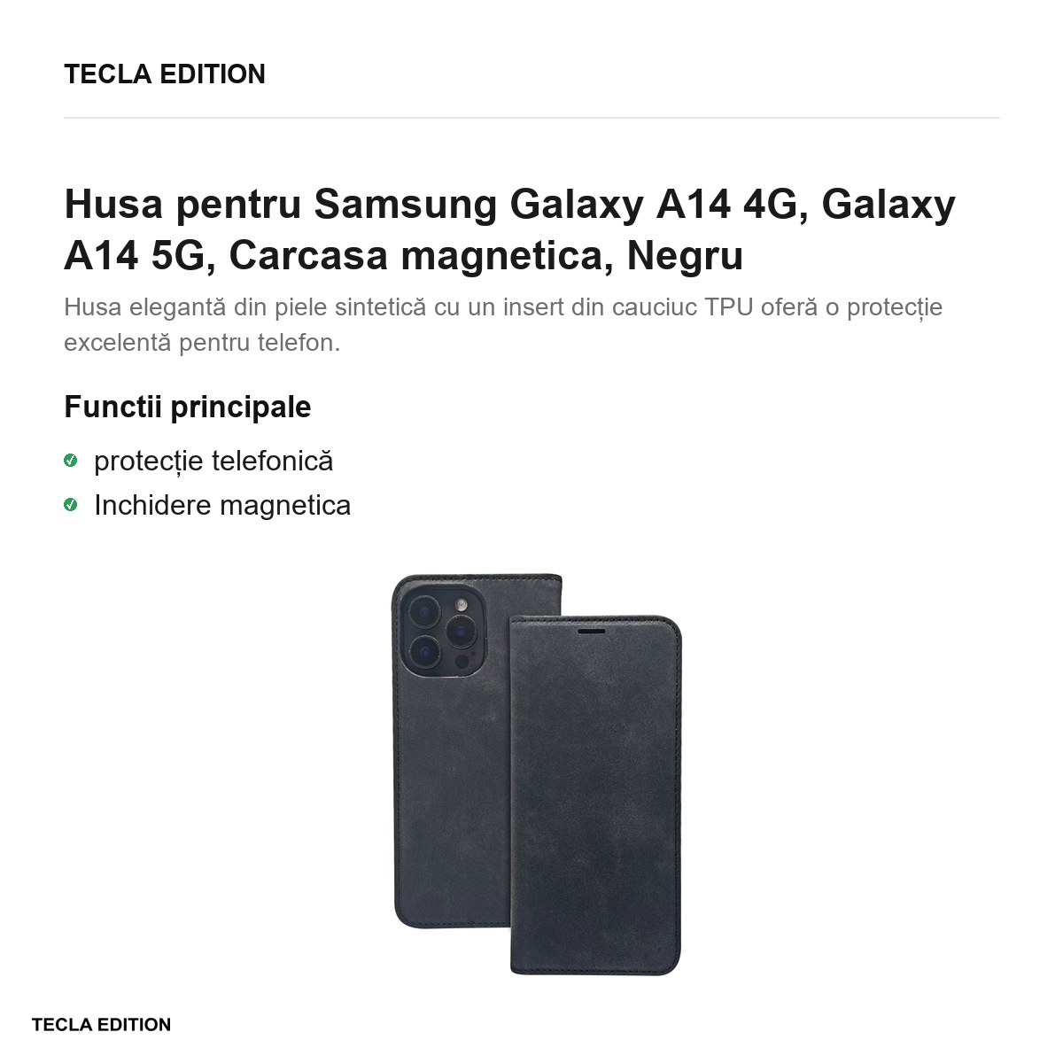 Husa Smart Suede pentru Samsung Galaxy A14 4G, Galaxy A14 5G, tip carte cu inchidere magnetica, Negru [1]