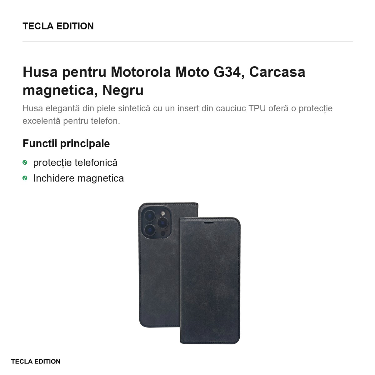Husa Smart Suede pentru Motorola Moto G34, tip carte cu inchidere magnetica, Negru [1]