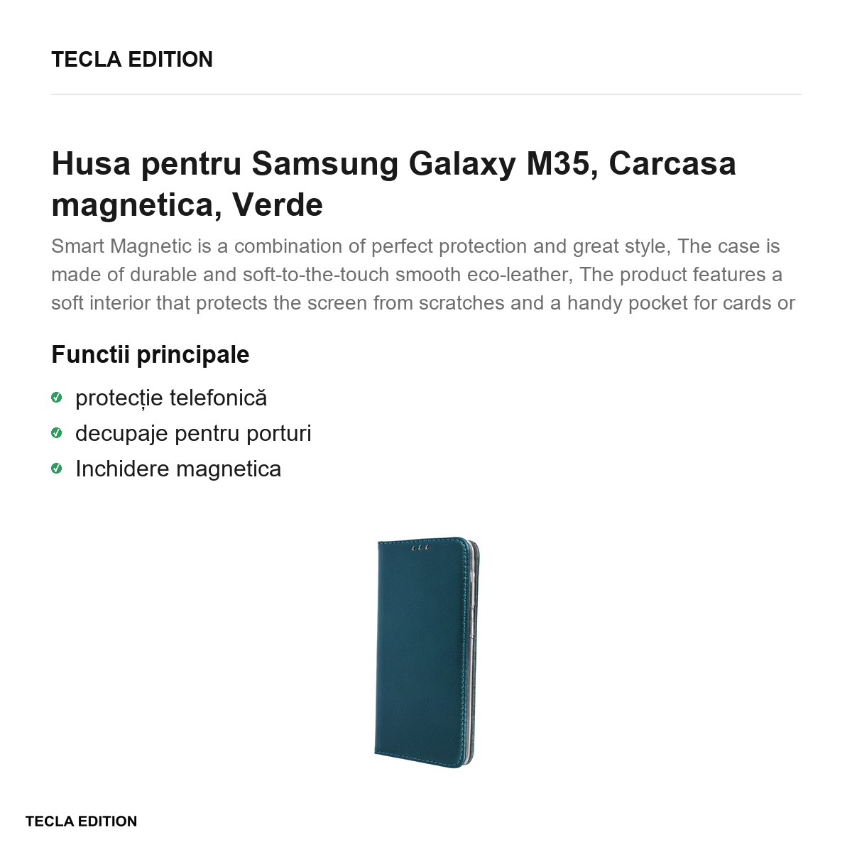 Husa Smart Magnetic pentru Samsung Galaxy M35, tip carte cu inchidere magnetica, Verde [1]