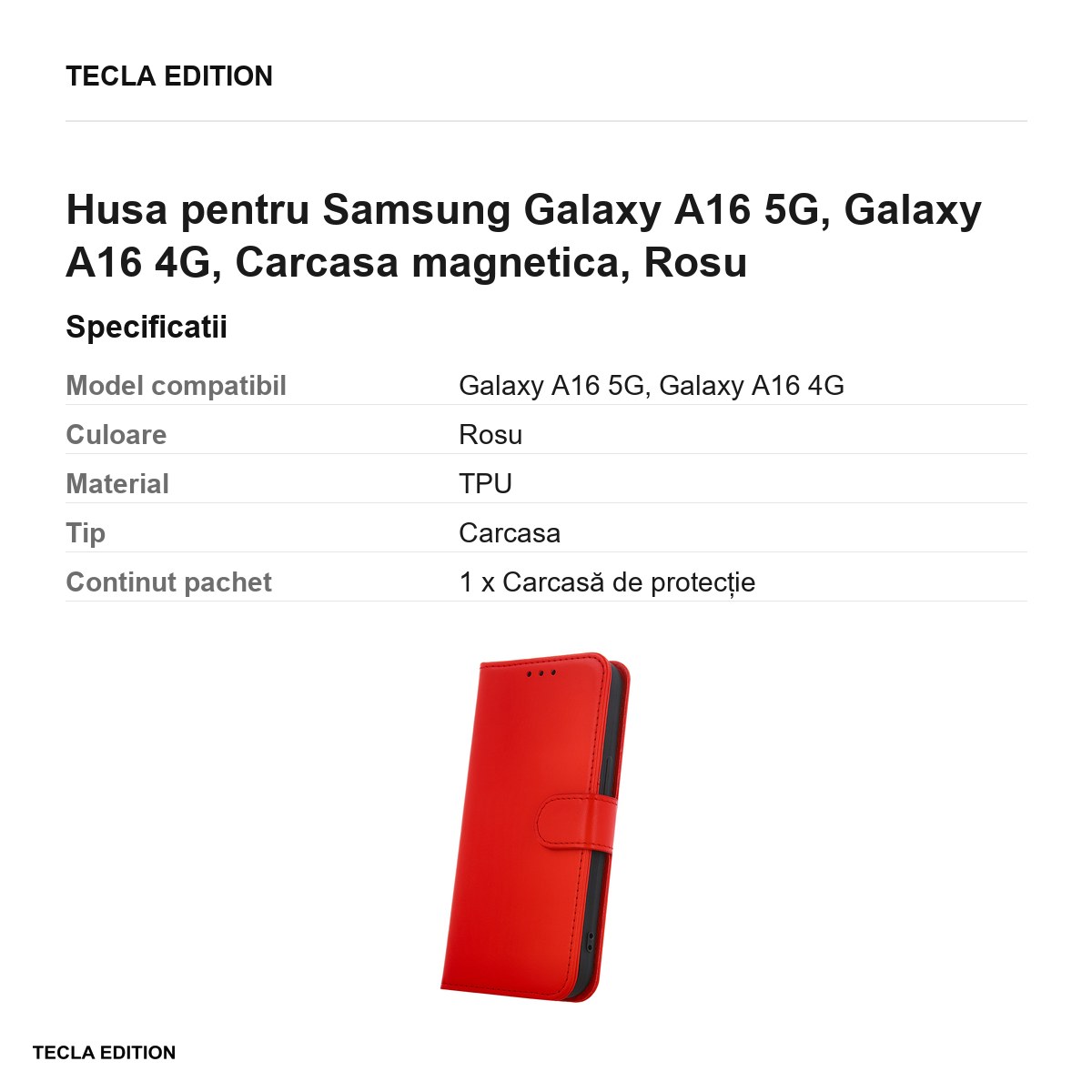 Husa Smart Classic pentru Samsung Galaxy A16 5G, Galaxy A16 4G, tip carte cu inchidere magnetica, Rosu [2]
