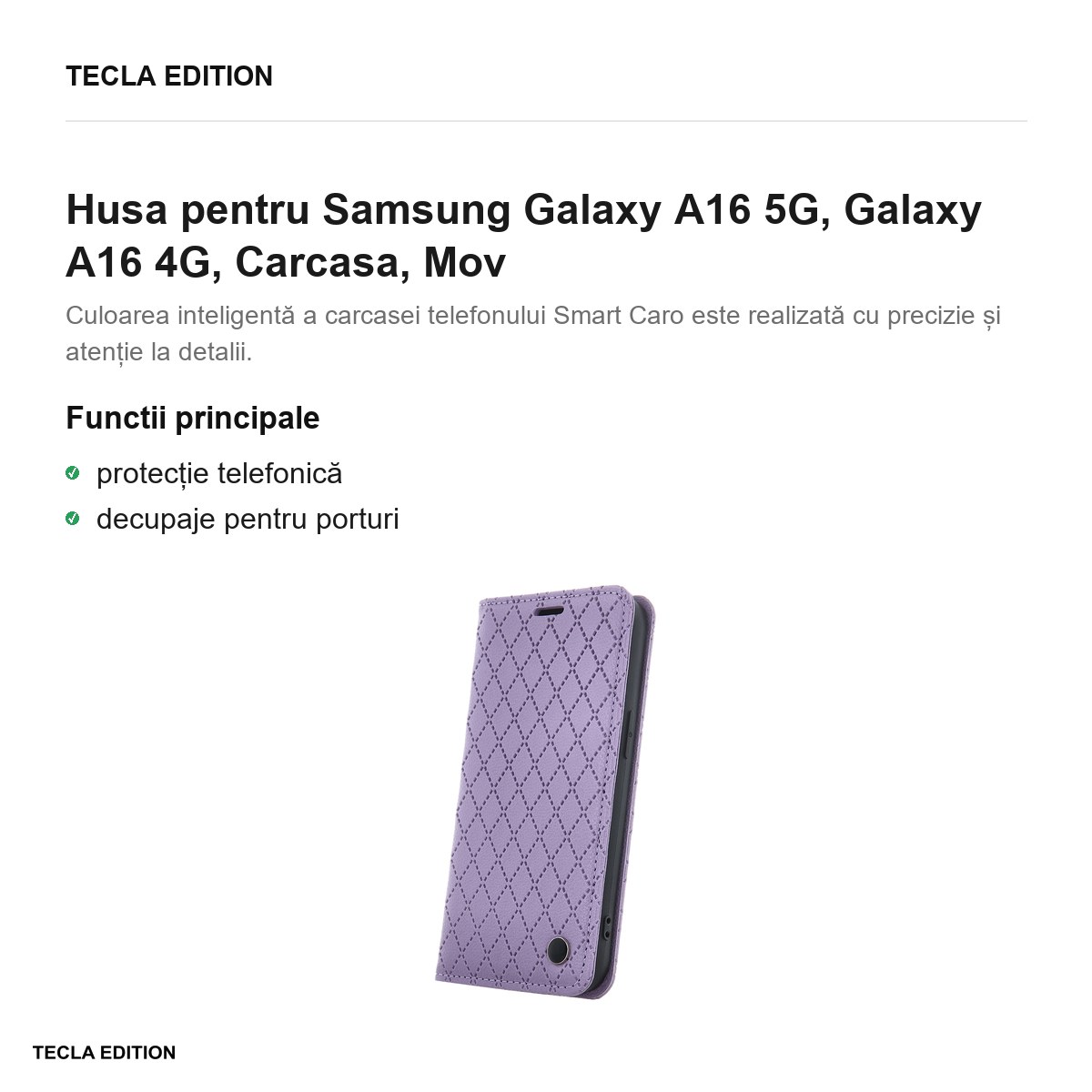 Husa Smart Caro pentru Samsung Galaxy A16 5G, Galaxy A16 4G, tip carte, Mov [1]