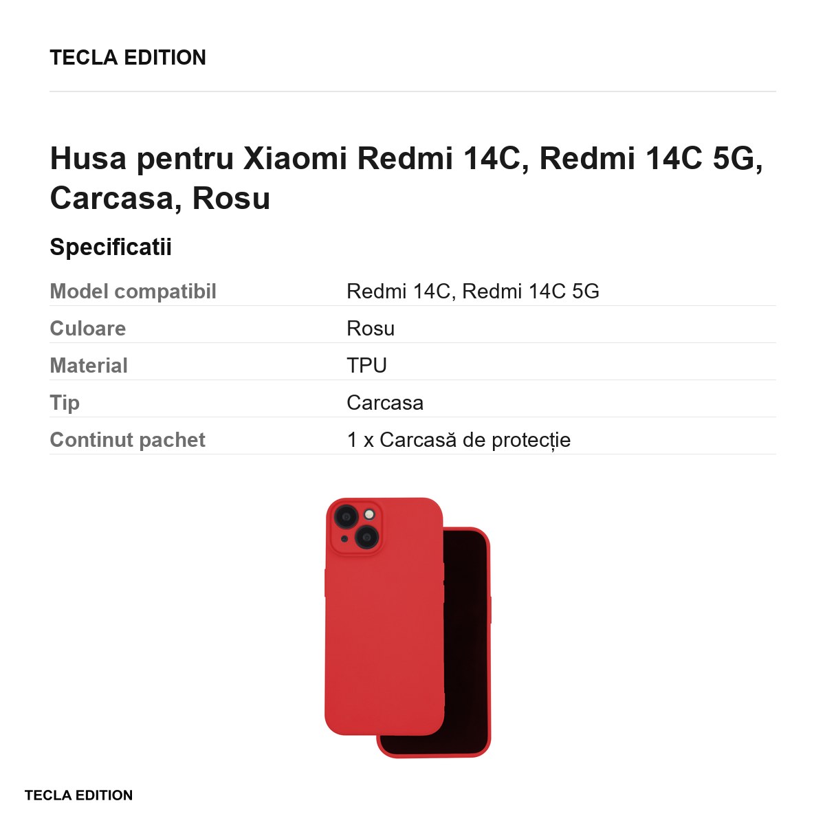 Husa Silicon pentru Xiaomi Redmi 14C, Redmi 14C 5G, Carcasa, Rosu [2]