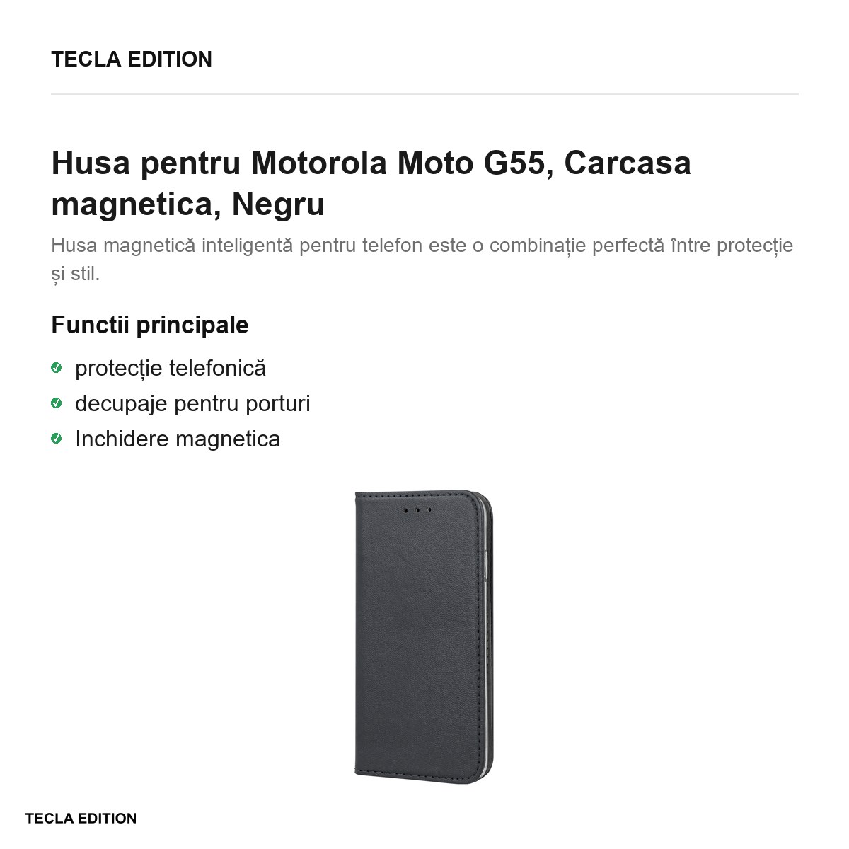 Husa Smart Magnetic pentru Motorola Moto G55, tip carte cu inchidere magnetica, Negru [1]