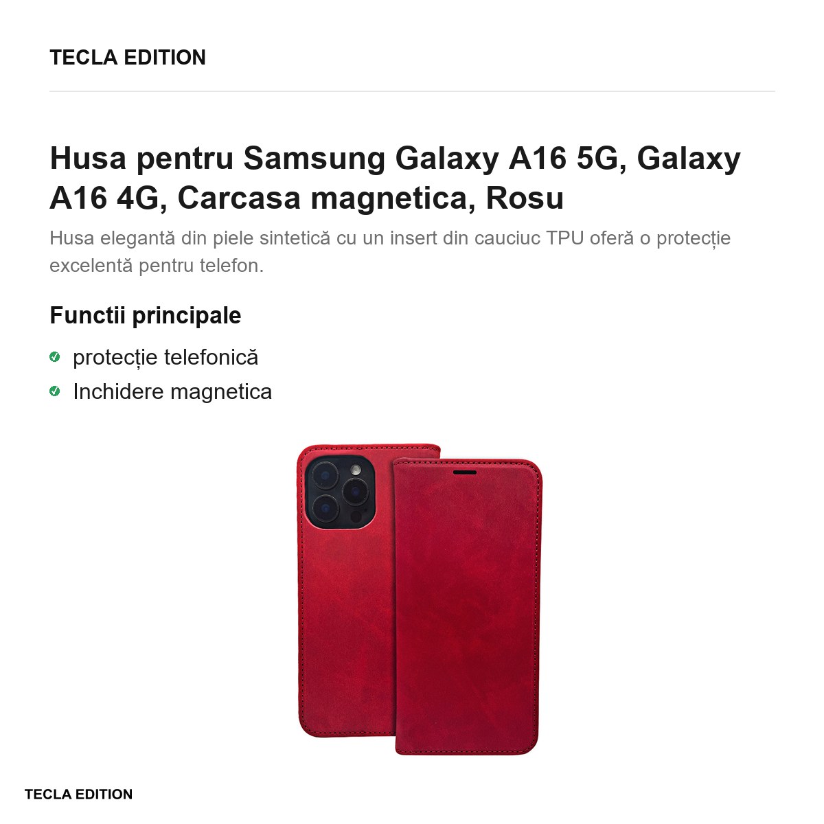 Husa Smart Suede pentru Samsung Galaxy A16 5G, Galaxy A16 4G, tip carte cu inchidere magnetica, Rosu [1]