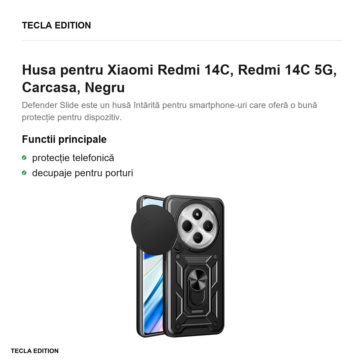 Husa Defender Slide pentru Xiaomi Redmi 14C, Redmi 14C 5G, Carcasa, Negru [1]