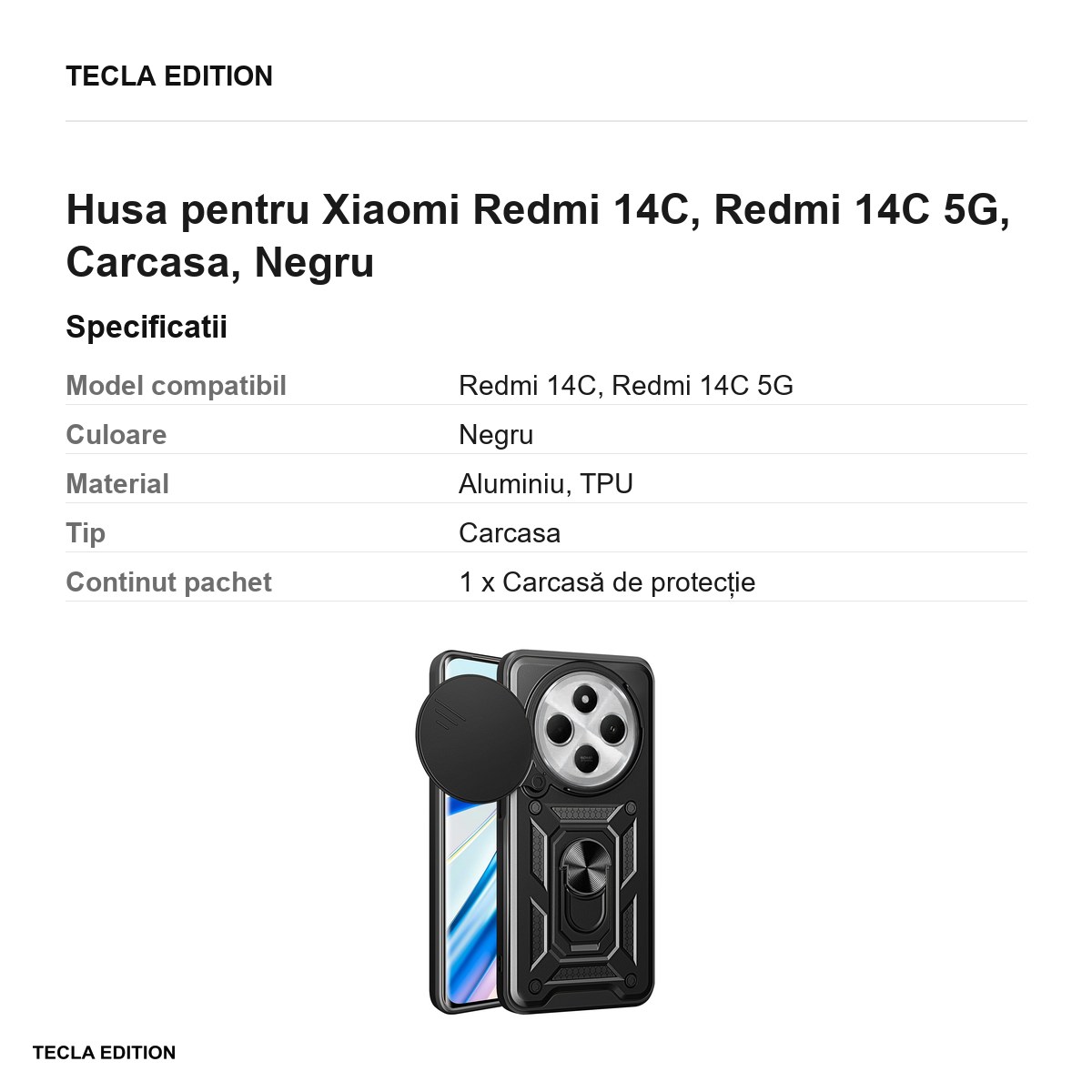 Husa Defender Slide pentru Xiaomi Redmi 14C, Redmi 14C 5G, Carcasa, Negru [2]