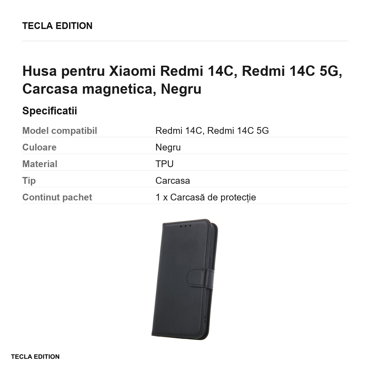 Husa Smart Classic pentru Xiaomi Redmi 14C, Redmi 14C 5G, tip carte cu inchidere magnetica, Negru [2]