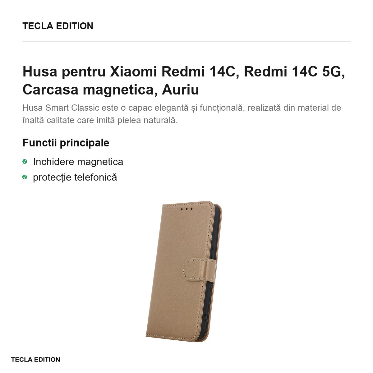 Husa Smart Classic pentru Xiaomi Redmi 14C, Redmi 14C 5G, tip carte cu inchidere magnetica, Auriu [1]