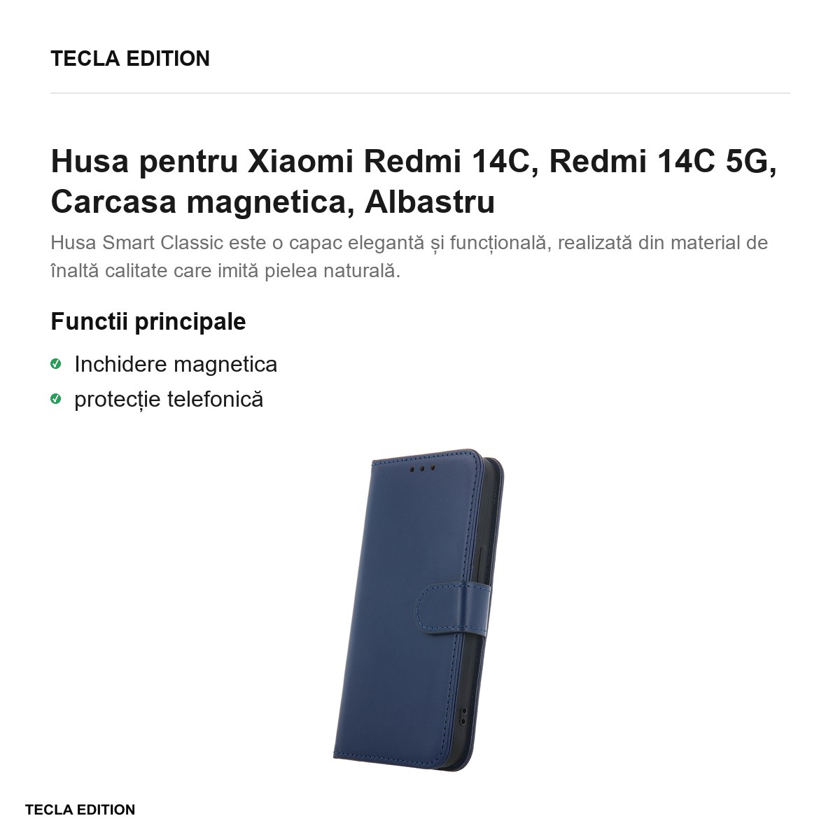 Husa Smart Classic pentru Xiaomi Redmi 14C, Redmi 14C 5G, tip carte cu inchidere magnetica, Albastru [1]