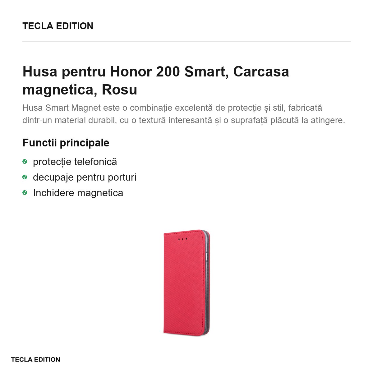 Husa Smart Magnet pentru Honor 200 Smart, tip carte cu inchidere magnetica, Rosu [1]