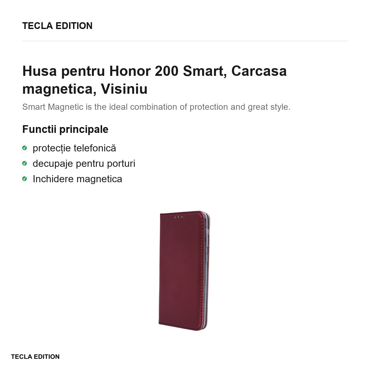 Husa Smart Magnetic pentru Honor 200 Smart, tip carte cu inchidere magnetica, Visiniu [1]
