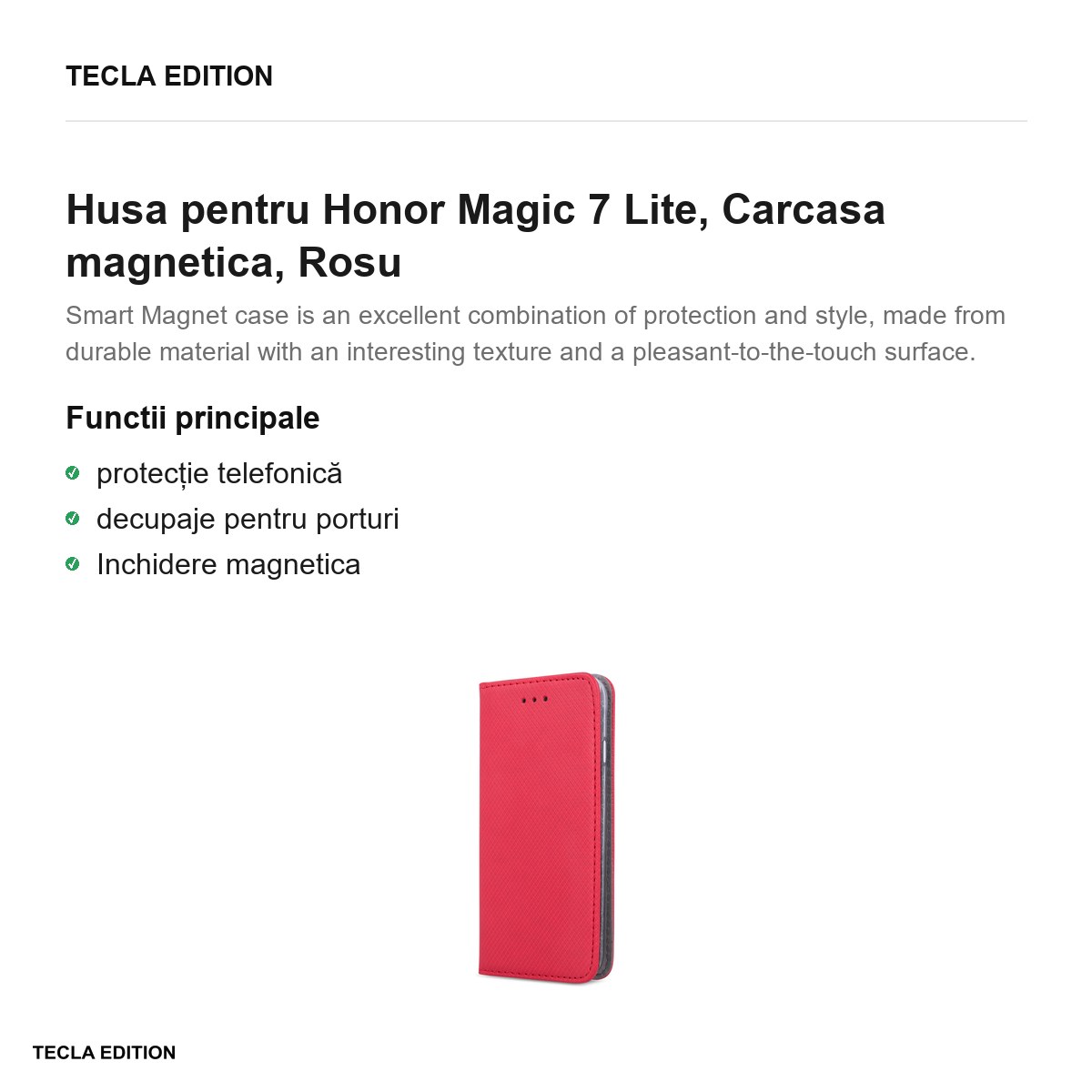 Husa Smart Magnet pentru Honor Magic 7 Lite, tip carte cu inchidere magnetica, Rosu [1]