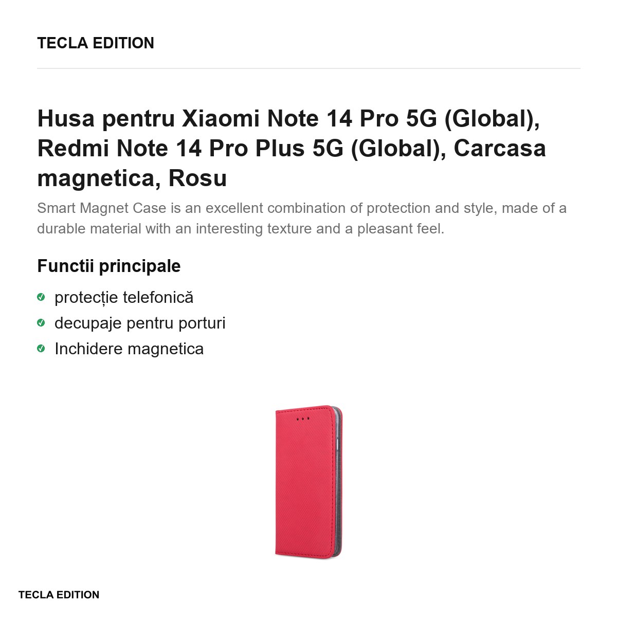 Husa Smart Magnet pentru Xiaomi Note 14 Pro 5G (Global), Redmi Note 14 Pro Plus 5G (Global), tip carte cu inchidere magnetica, Rosu [1]
