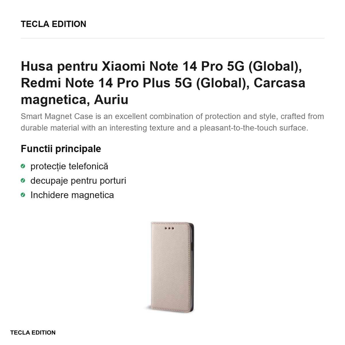 Husa Smart Magnet pentru Xiaomi Note 14 Pro 5G (Global), Redmi Note 14 Pro Plus 5G (Global), tip carte cu inchidere magnetica, Auriu [1]