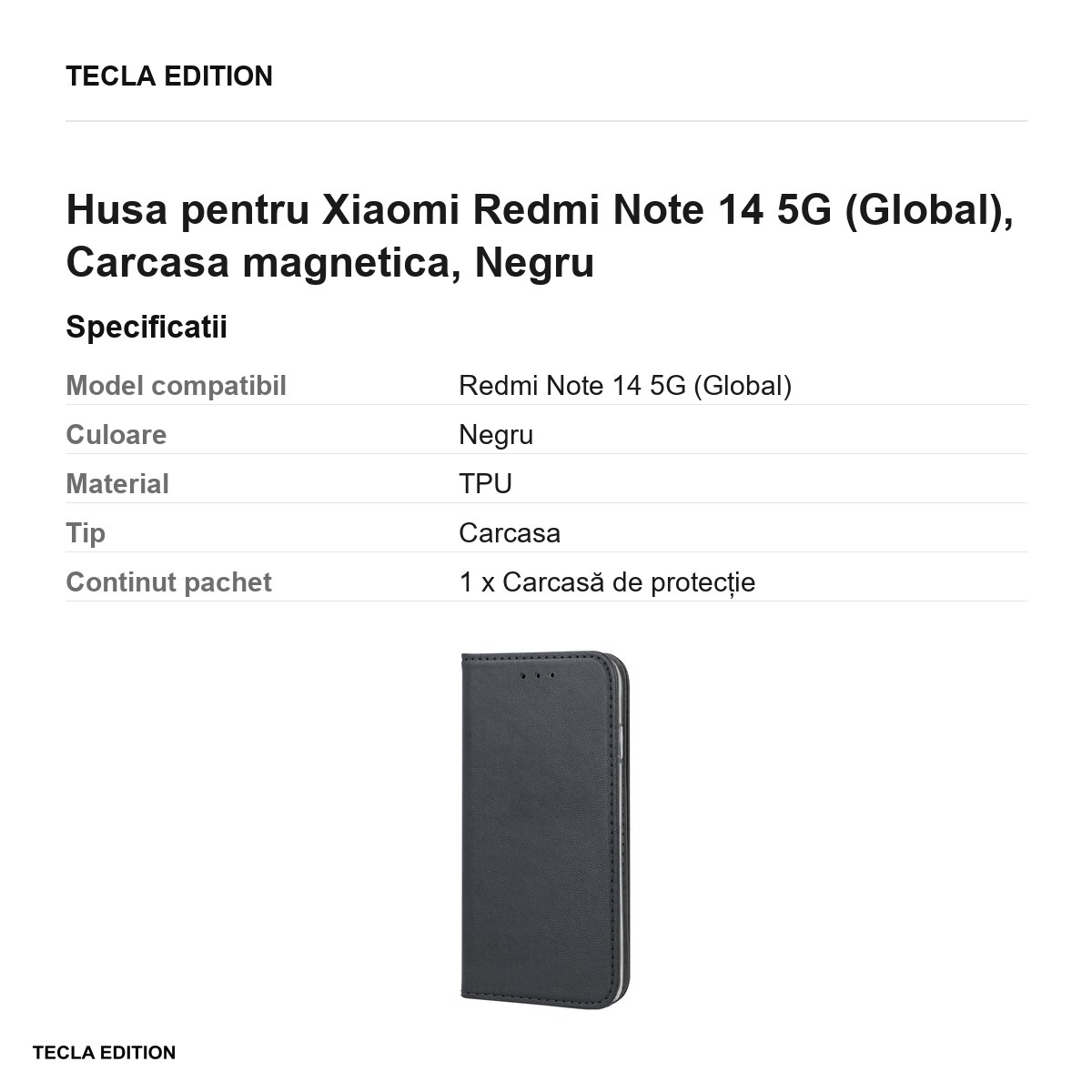 Husa Smart Magnetic pentru Xiaomi Redmi Note 14 5G (Global), tip carte cu inchidere magnetica, Negru [2]