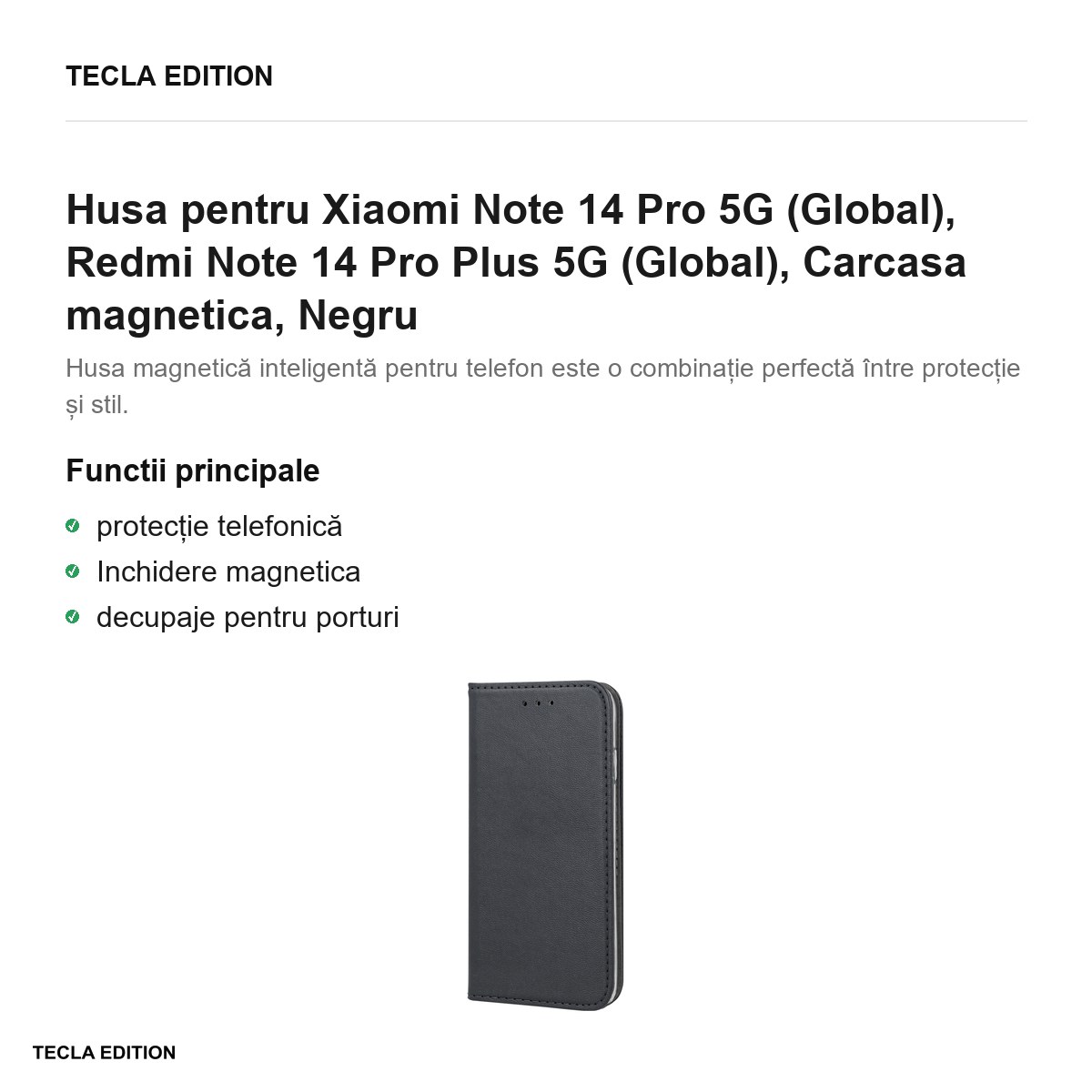 Husa Smart Magnetic pentru Xiaomi Note 14 Pro 5G (Global), Redmi Note 14 Pro Plus 5G (Global), tip carte cu inchidere magnetica, Negru [1]
