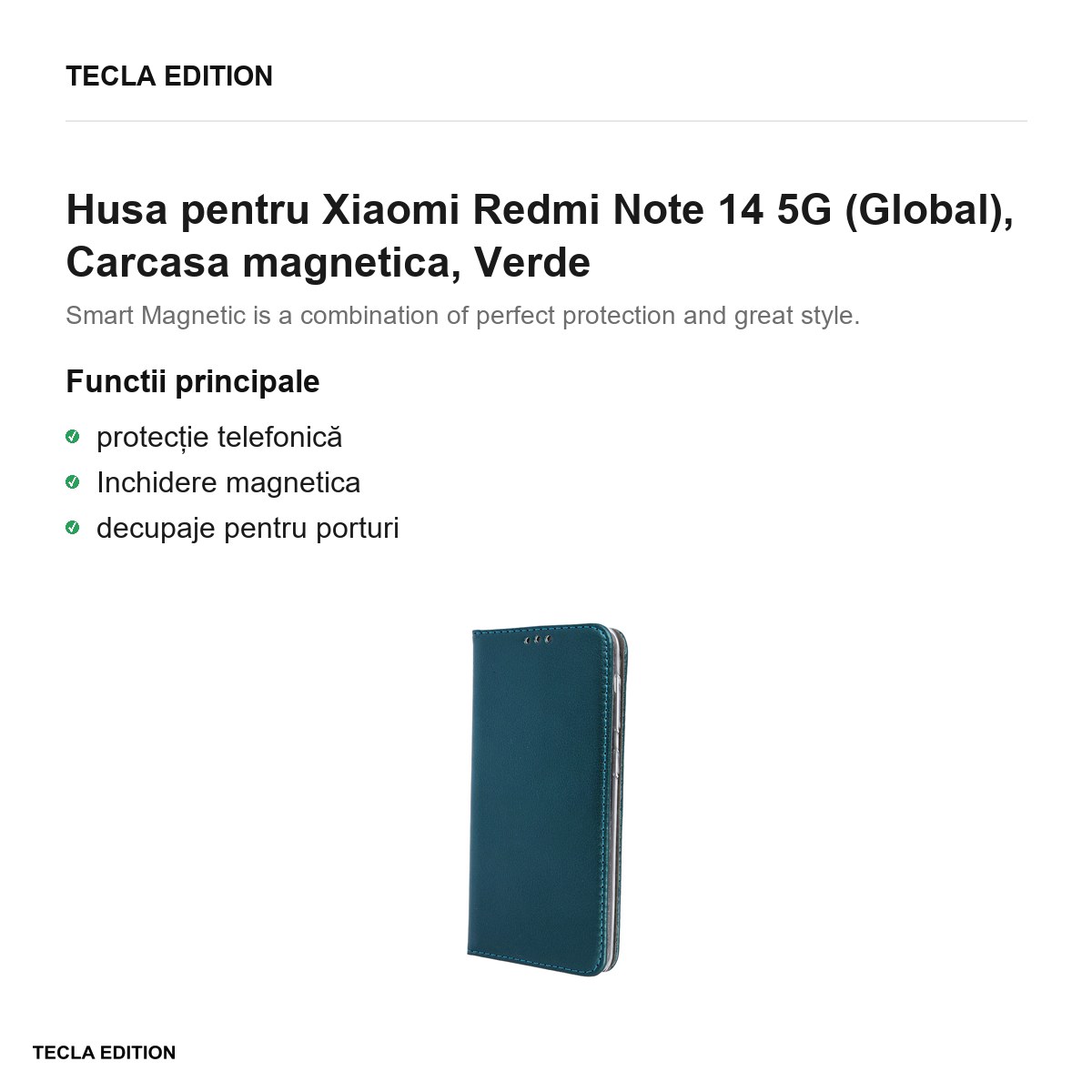 Husa Smart Magnetic pentru Xiaomi Redmi Note 14 5G (Global), tip carte cu inchidere magnetica, Verde [1]