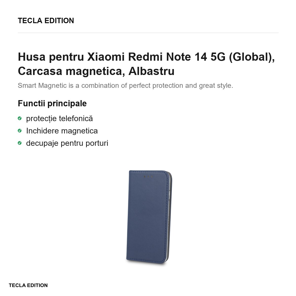 Husa Smart Magnetic pentru Xiaomi Redmi Note 14 5G (Global), tip carte cu inchidere magnetica, Albastru [1]