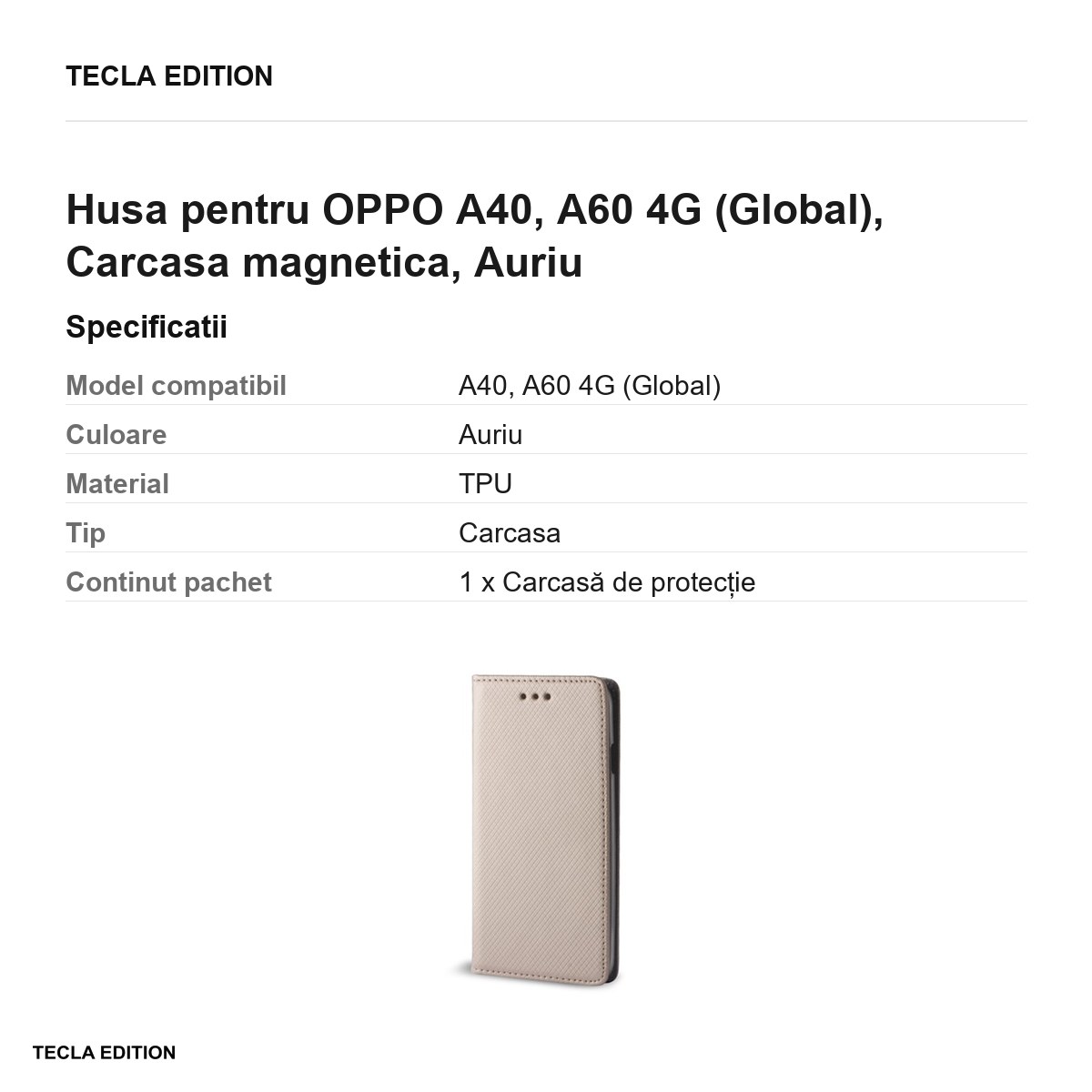 Husa Smart Magnet pentru OPPO A40, A60 4G (Global), tip carte cu inchidere magnetica, Auriu [2]