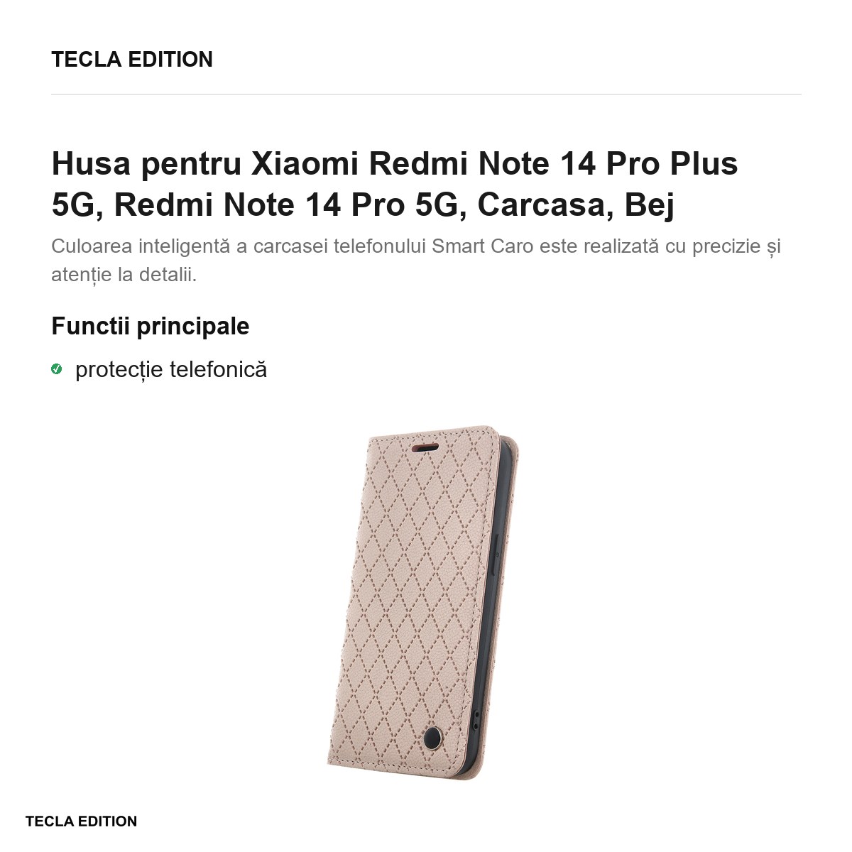 Husa Smart Caro pentru Xiaomi Redmi Note 14 Pro Plus 5G, Redmi Note 14 Pro 5G, tip carte, Bej [1]