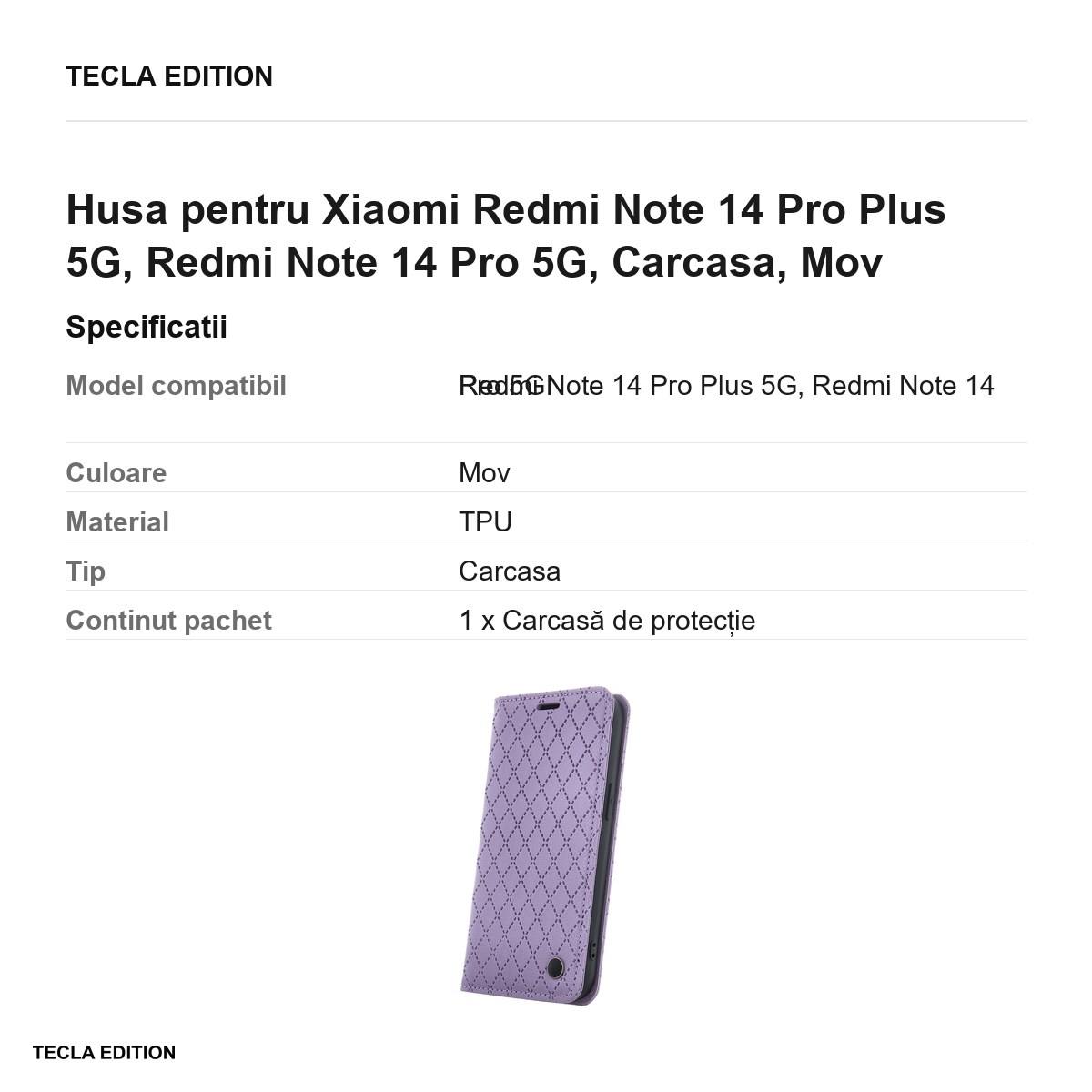Husa Smart Caro pentru Xiaomi Redmi Note 14 Pro Plus 5G, Redmi Note 14 Pro 5G, tip carte, Mov [2]