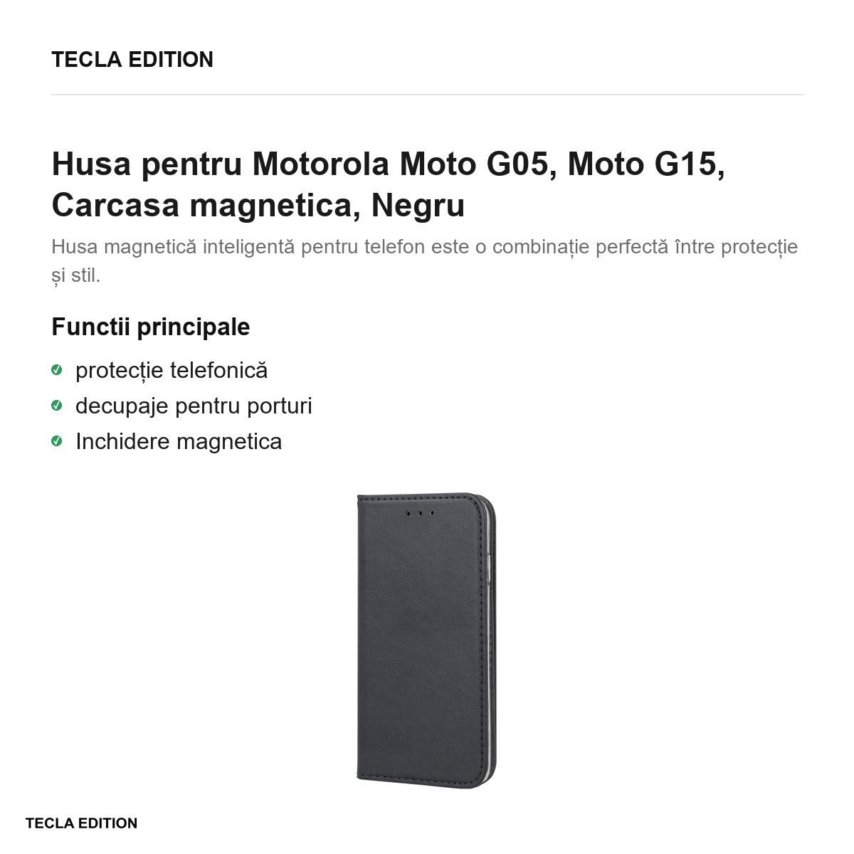 Husa Smart Magnetic pentru Motorola Moto G05, Moto G15, tip carte cu inchidere magnetica, Negru [1]