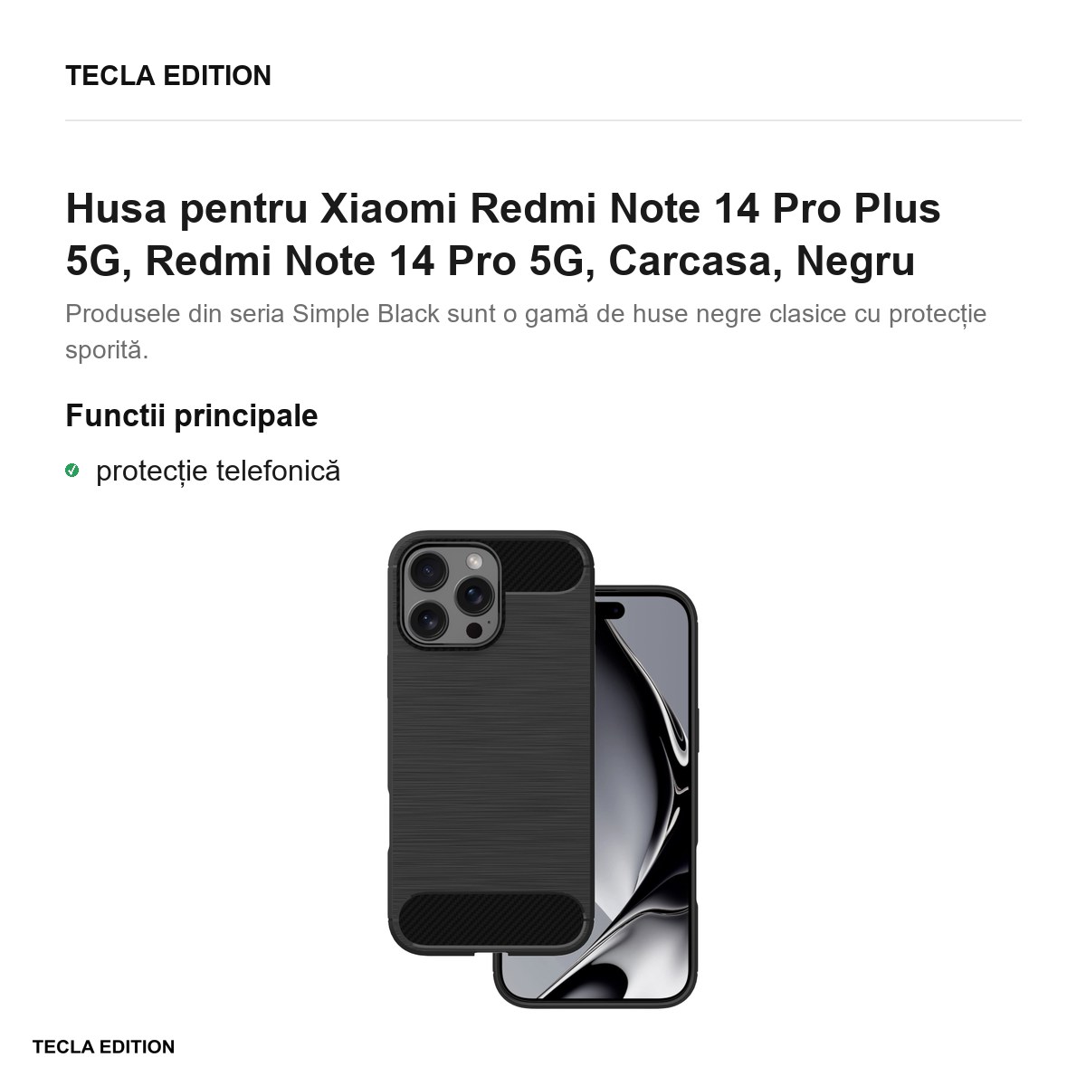 Husa Simple Black pentru Xiaomi Redmi Note 14 Pro Plus 5G, Redmi Note 14 Pro 5G, Carcasa, Negru [1]