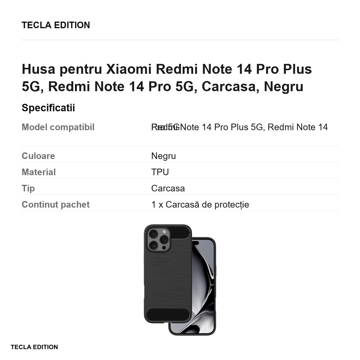 Husa Simple Black pentru Xiaomi Redmi Note 14 Pro Plus 5G, Redmi Note 14 Pro 5G, Carcasa, Negru [2]