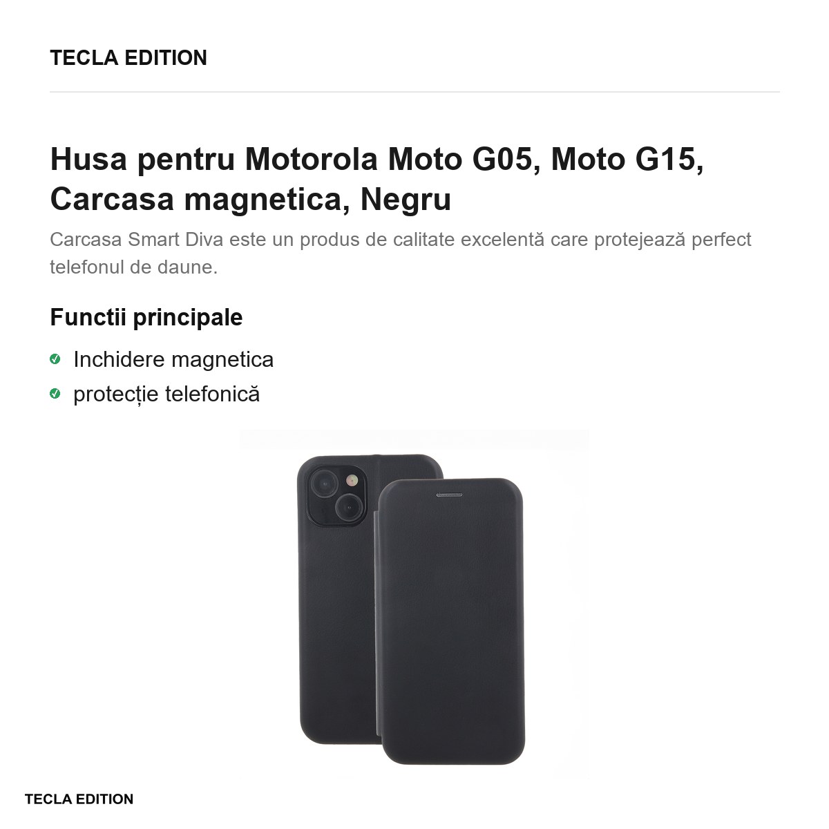 Husa Smart Diva pentru Motorola Moto G05, Moto G15, tip carte cu inchidere magnetica, Negru [1]