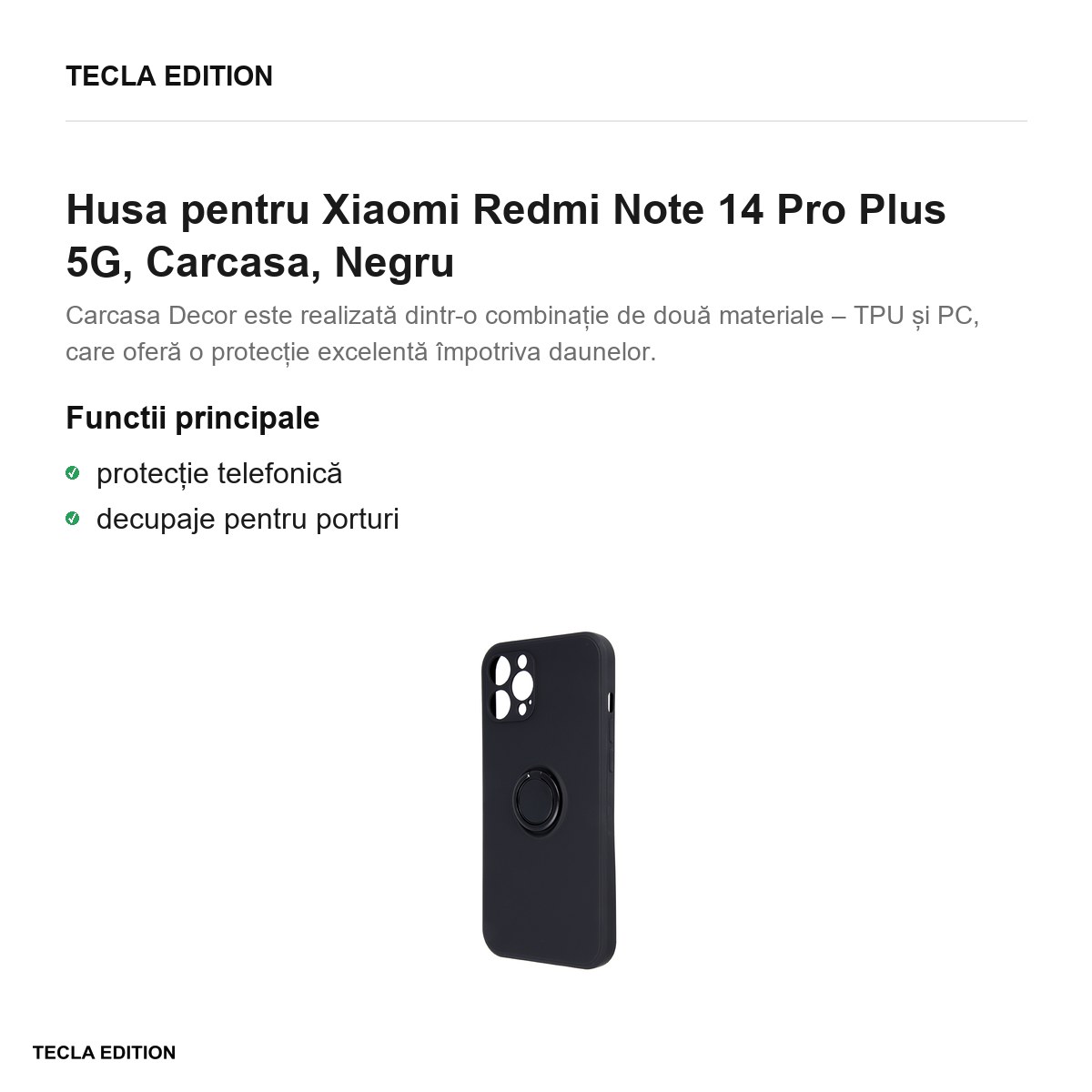 Husa Finger Grip pentru Xiaomi Redmi Note 14 Pro Plus 5G, Carcasa, Negru [1]