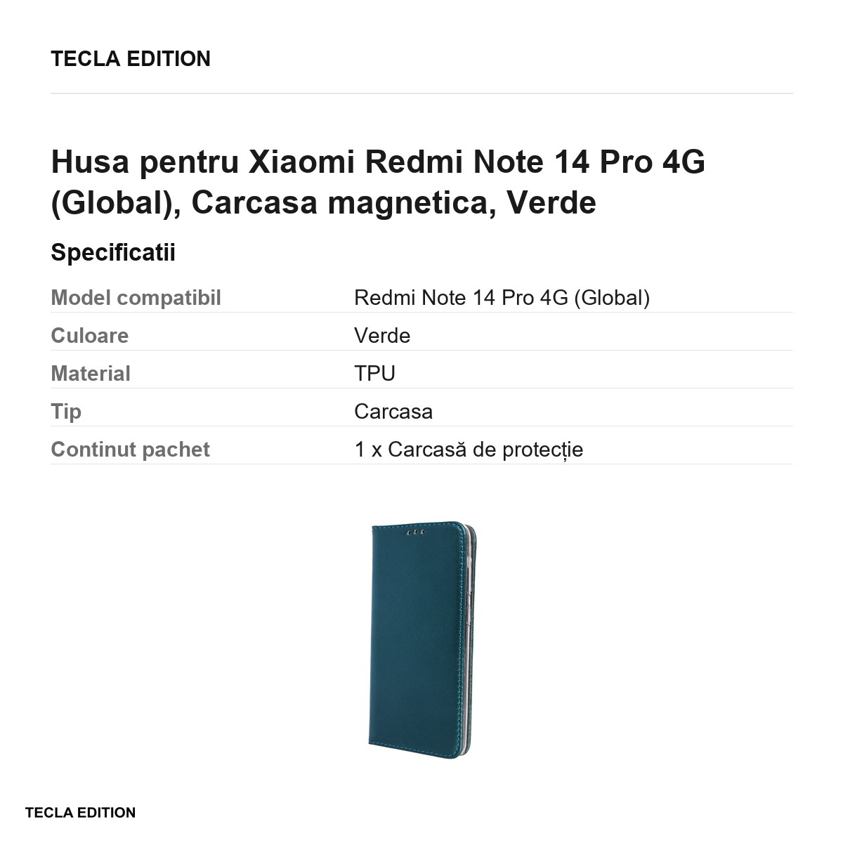 Husa Smart Magnetic pentru Xiaomi Redmi Note 14 Pro 4G (Global), tip carte cu inchidere magnetica, Verde [2]
