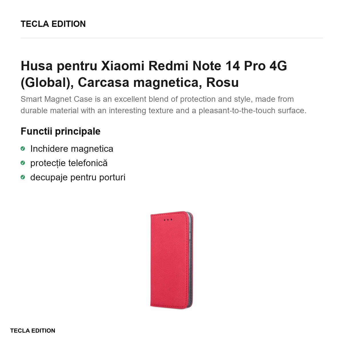 Husa Smart Magnet pentru Xiaomi Redmi Note 14 Pro 4G (Global), tip carte cu inchidere magnetica, Rosu [1]