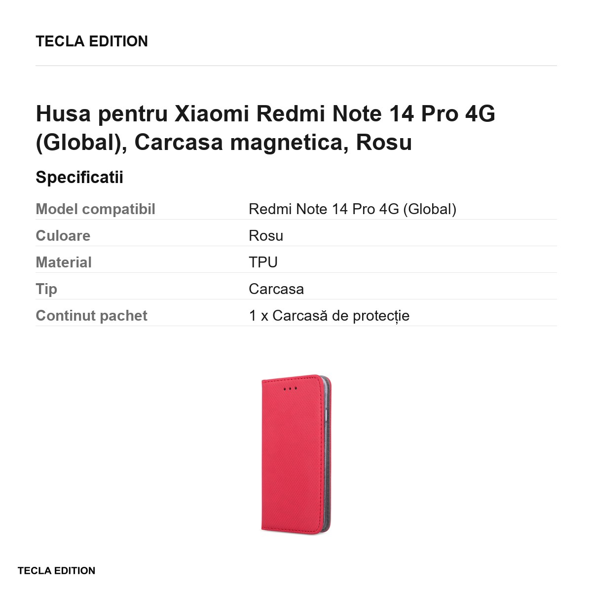 Husa Smart Magnet pentru Xiaomi Redmi Note 14 Pro 4G (Global), tip carte cu inchidere magnetica, Rosu [2]