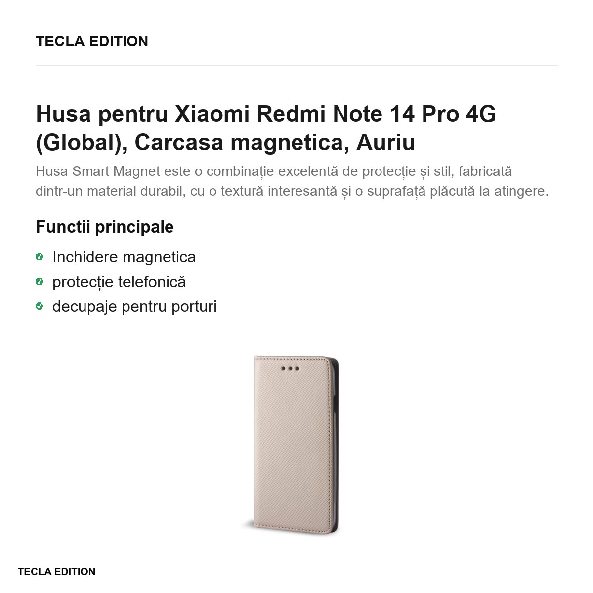 Husa Smart Magnet pentru Xiaomi Redmi Note 14 Pro 4G (Global), tip carte cu inchidere magnetica, Auriu [1]