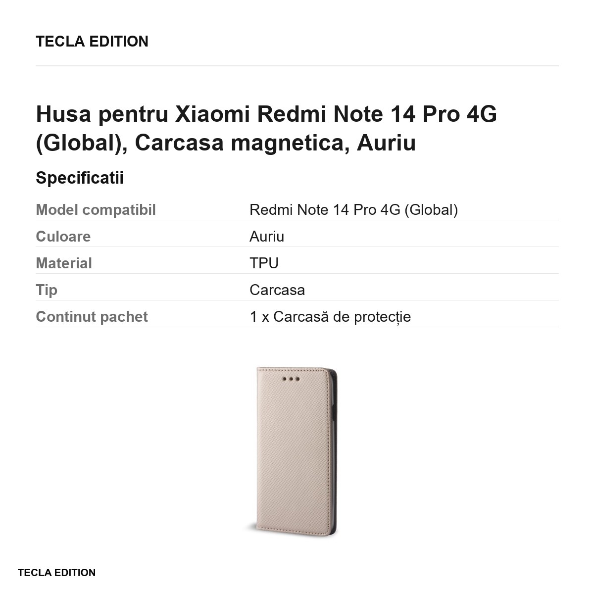 Husa Smart Magnet pentru Xiaomi Redmi Note 14 Pro 4G (Global), tip carte cu inchidere magnetica, Auriu [2]