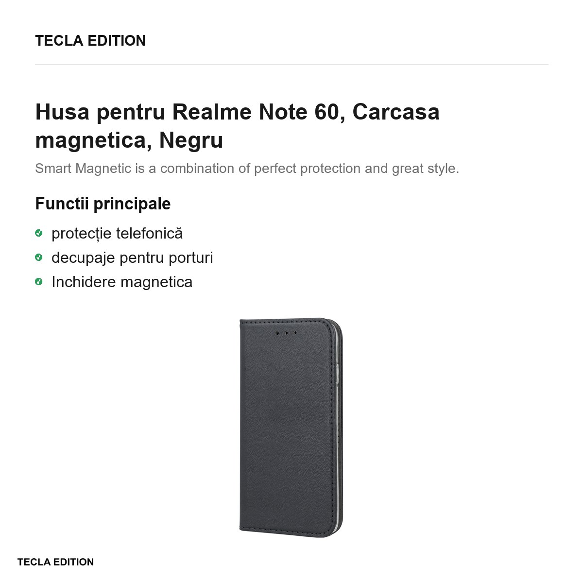 Husa Smart Magnetic pentru Realme Note 60, tip carte cu inchidere magnetica, Negru [1]