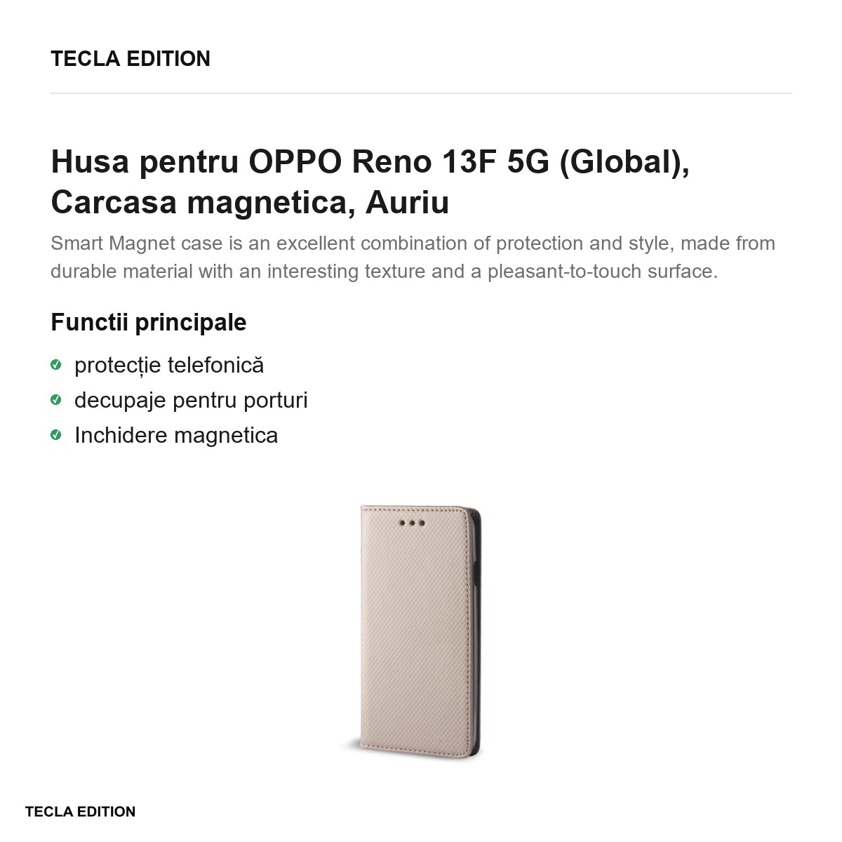 Husa Smart Magnet pentru OPPO Reno 13F 5G (Global), tip carte cu inchidere magnetica, Auriu [1]