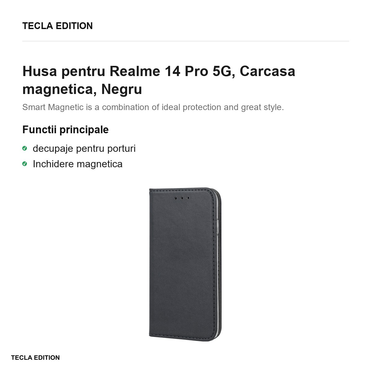 Husa Smart Magnetic pentru Realme 14 Pro 5G, tip carte cu inchidere magnetica, Negru [1]