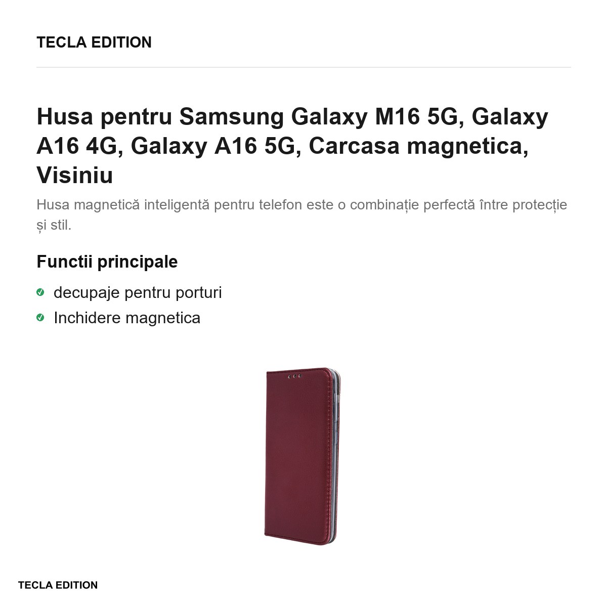 Husa Smart Magnetic pentru Samsung Galaxy M16 5G, Galaxy A16 4G, Galaxy A16 5G, tip carte cu inchidere magnetica, Visiniu [1]