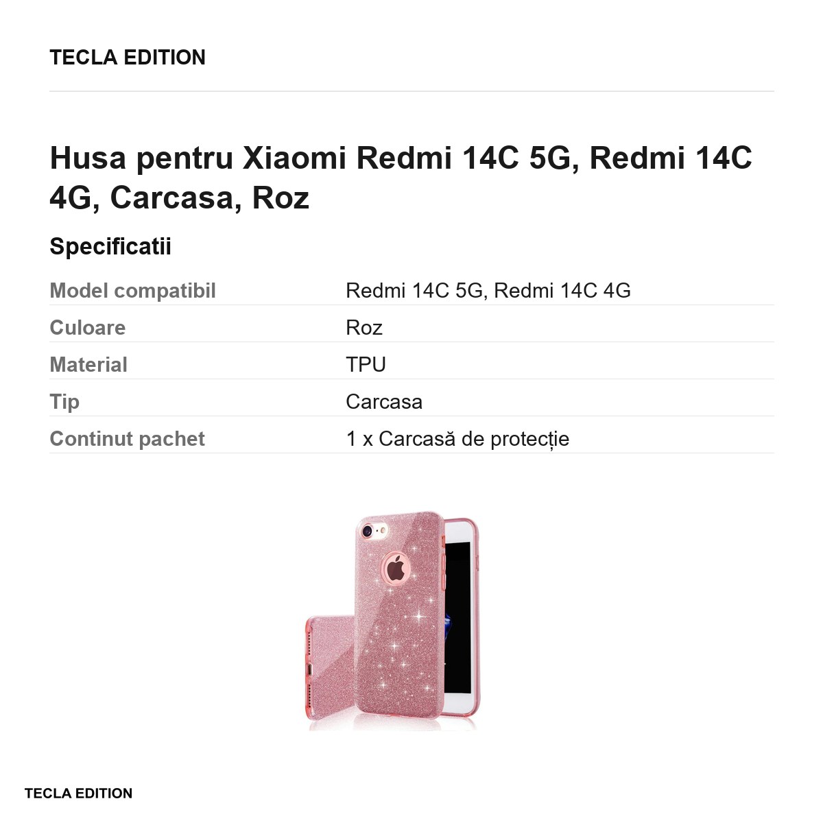 Husa Glitter 3in1 pentru Xiaomi Redmi 14C 5G, Redmi 14C 4G, Carcasa, Roz [2]