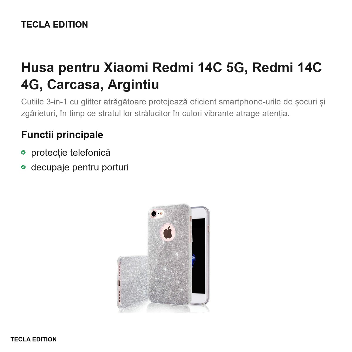 Husa Glitter 3in1 pentru Xiaomi Redmi 14C 5G, Redmi 14C 4G, Carcasa, Argintiu [1]